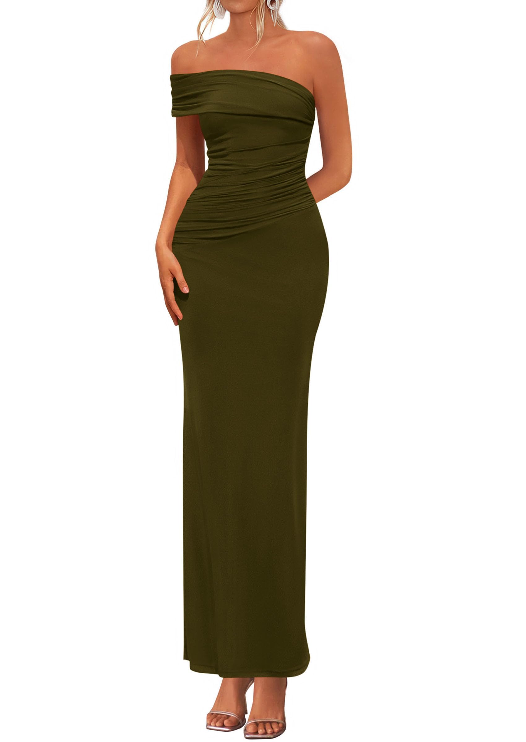 Women's Semi Formal One Off Shoulder Dresses (Army Green,S)