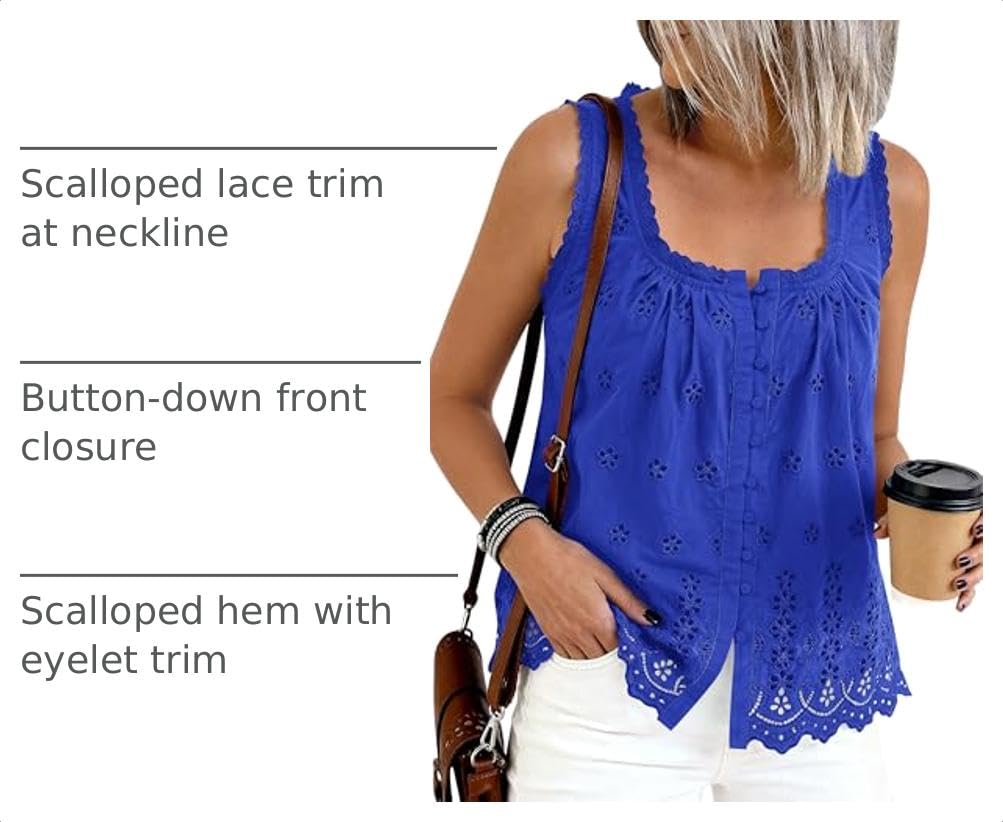 Women's Lace Tank Top Embroidery Eyelet Blouses,Blue,S