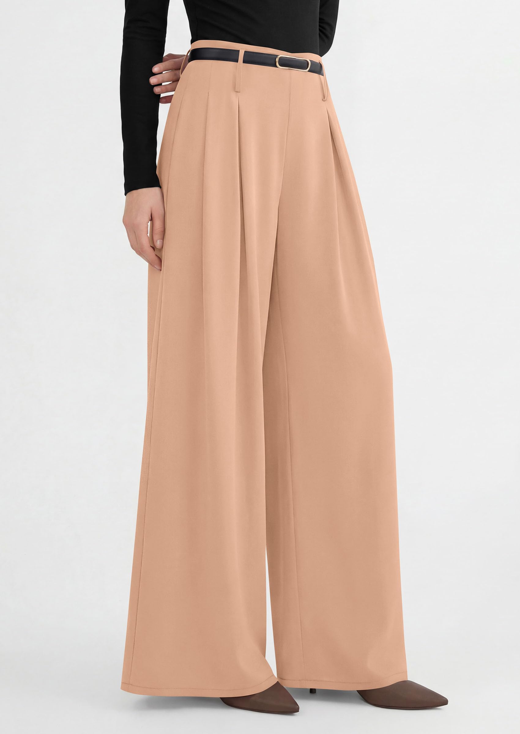 Womens Wide Leg Dress Pants Flowy Trousers,Champagne,S