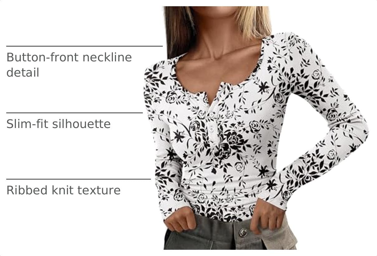 Women's Fall Long Sleeve Henley T Shirts Floral Black