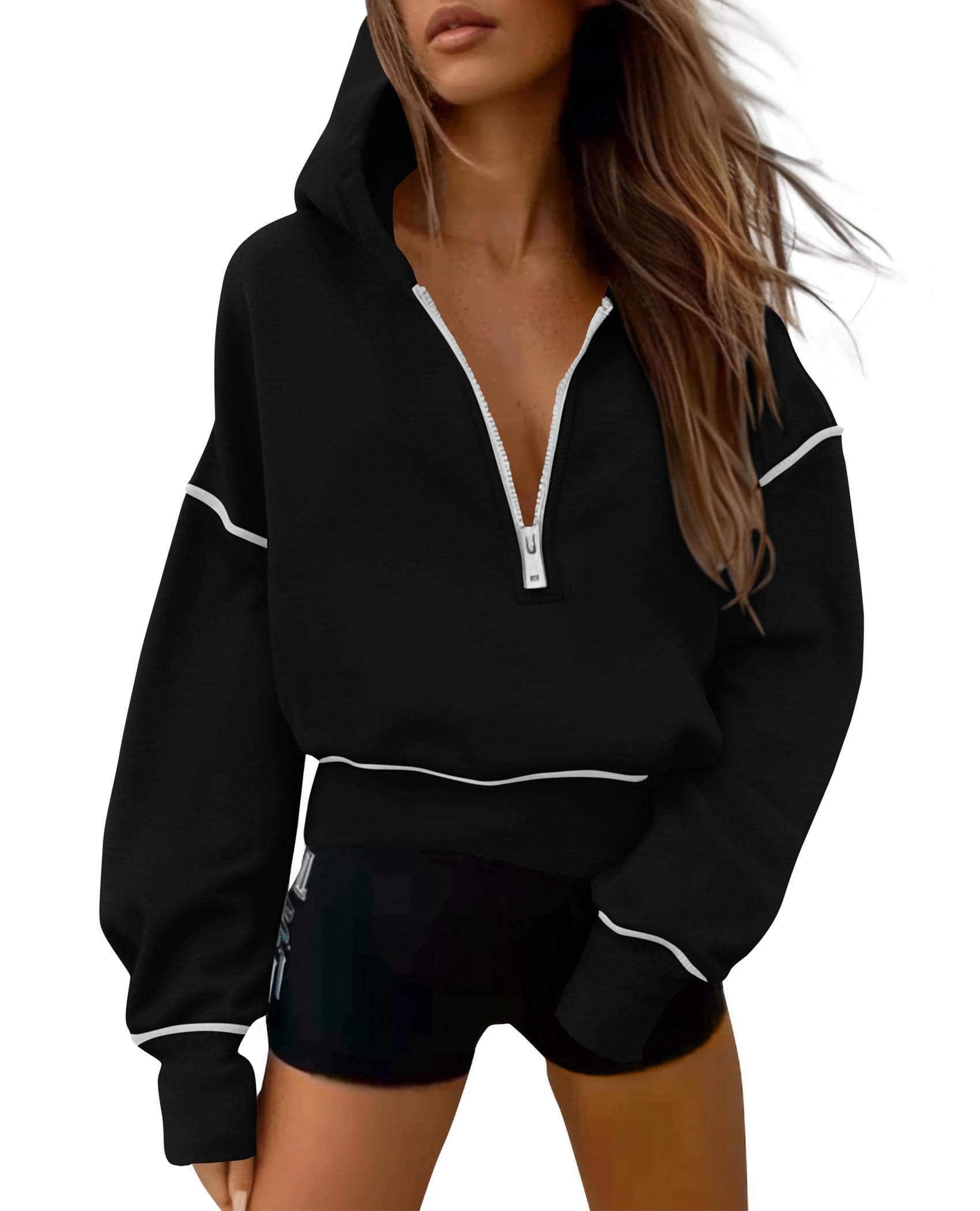 Women's Fall Half Zip Cropped Hoodie Sweatshirt Black