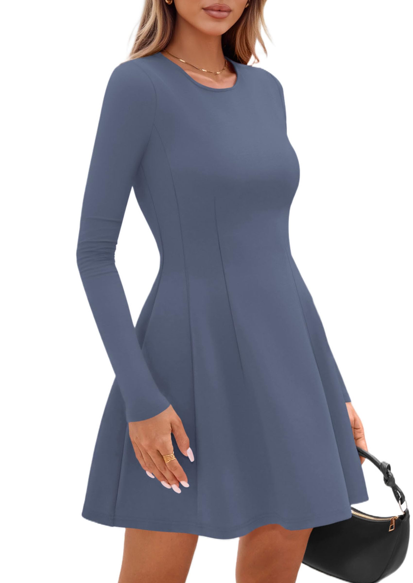Womens Long Sleeve Pleated Mini Dress,Blue,XS