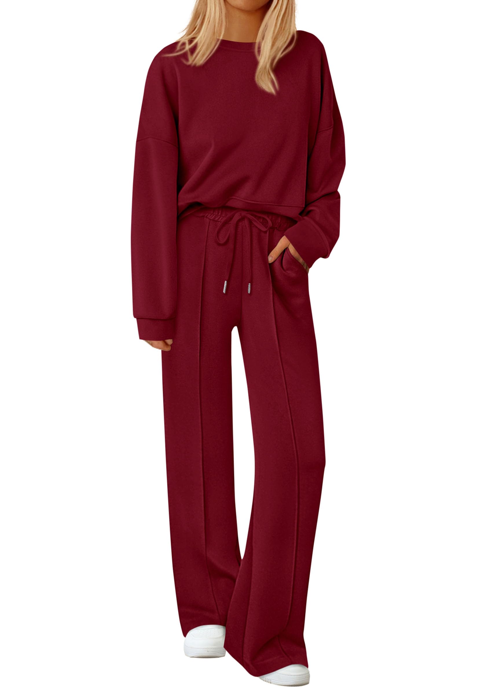 Womens Long Sleeve Sweatshirt 2 Piece Sets,Wine Red,S