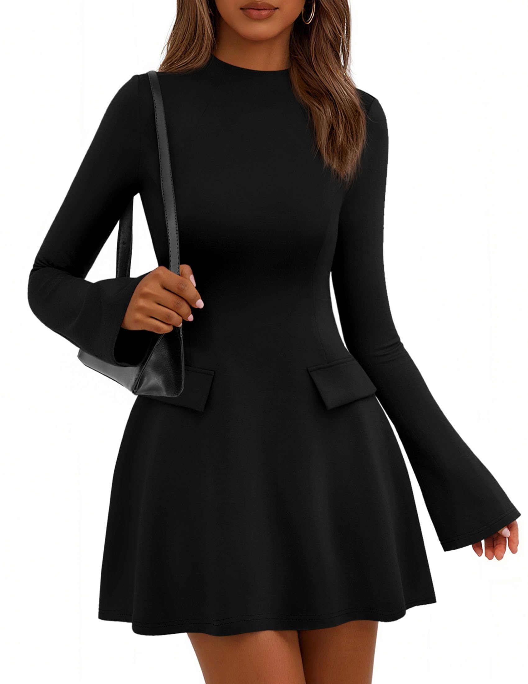 Women's Fall Bell Sleeve Short Dress,Black,XS