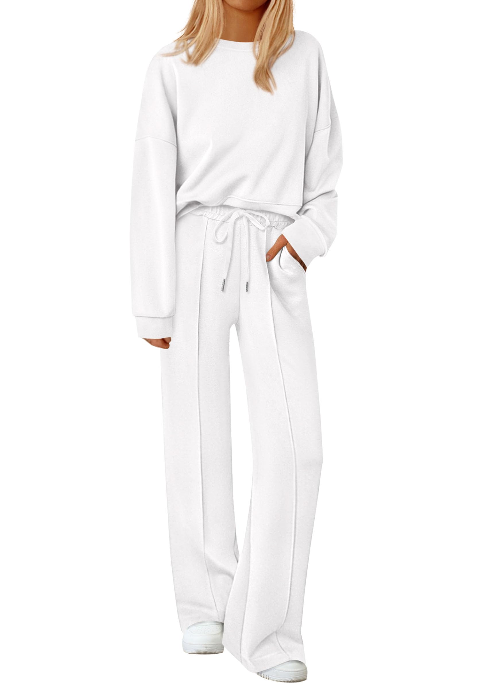 Womens Long Sleeve Sweatshirt 2 Piece Sets,White,S