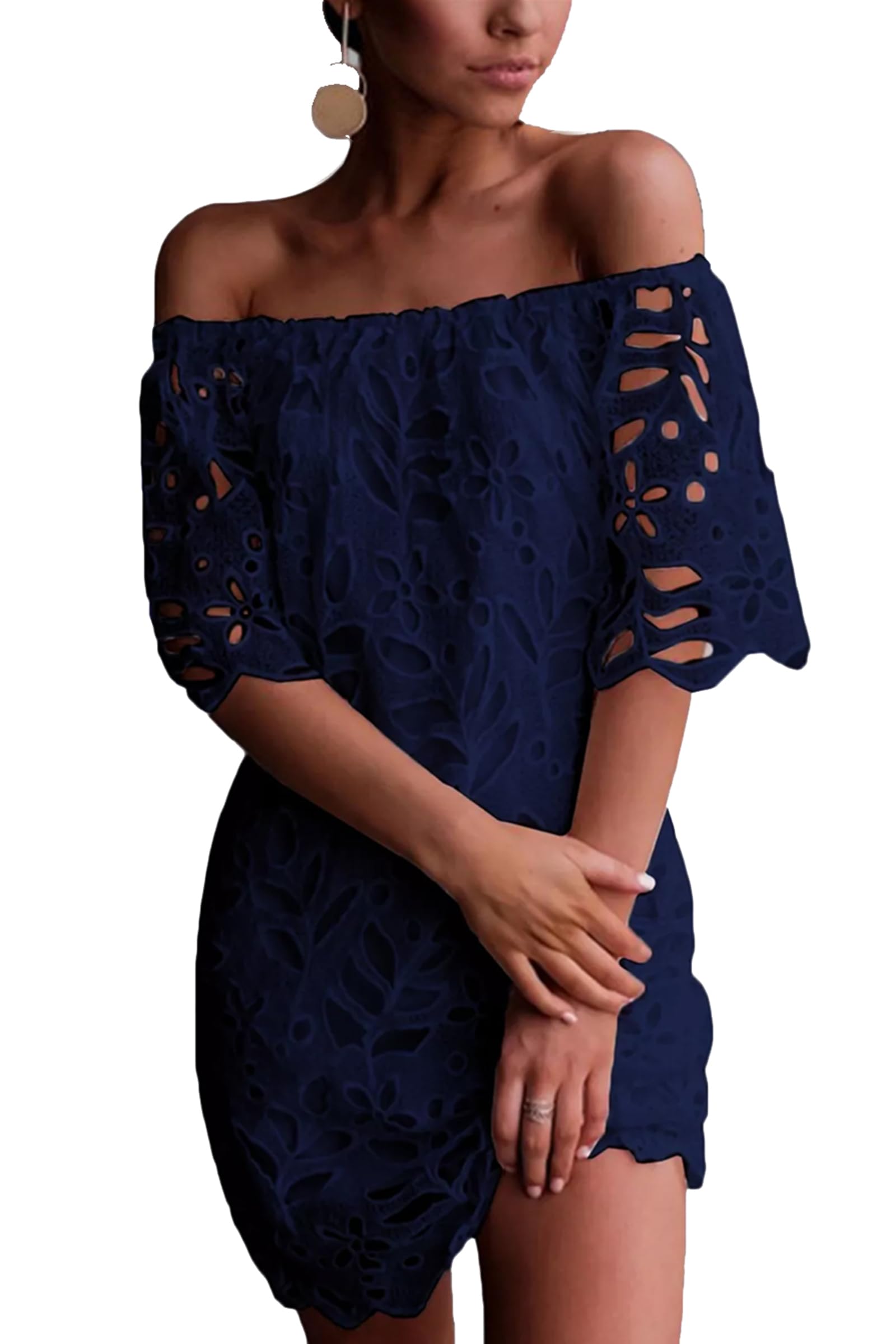 Women's Boho Off the Shoulder Lace Mini Dress, Navy,M
