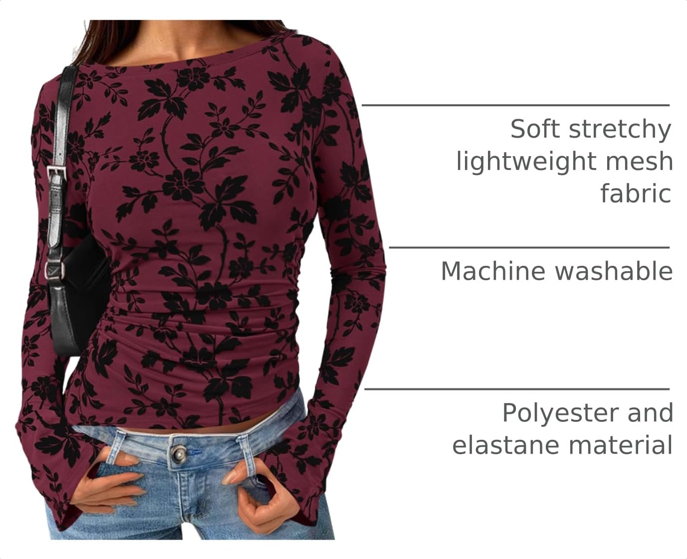 Women's Long Bell Sleeve Y2K Tops Boho Floral Mesh Blouses