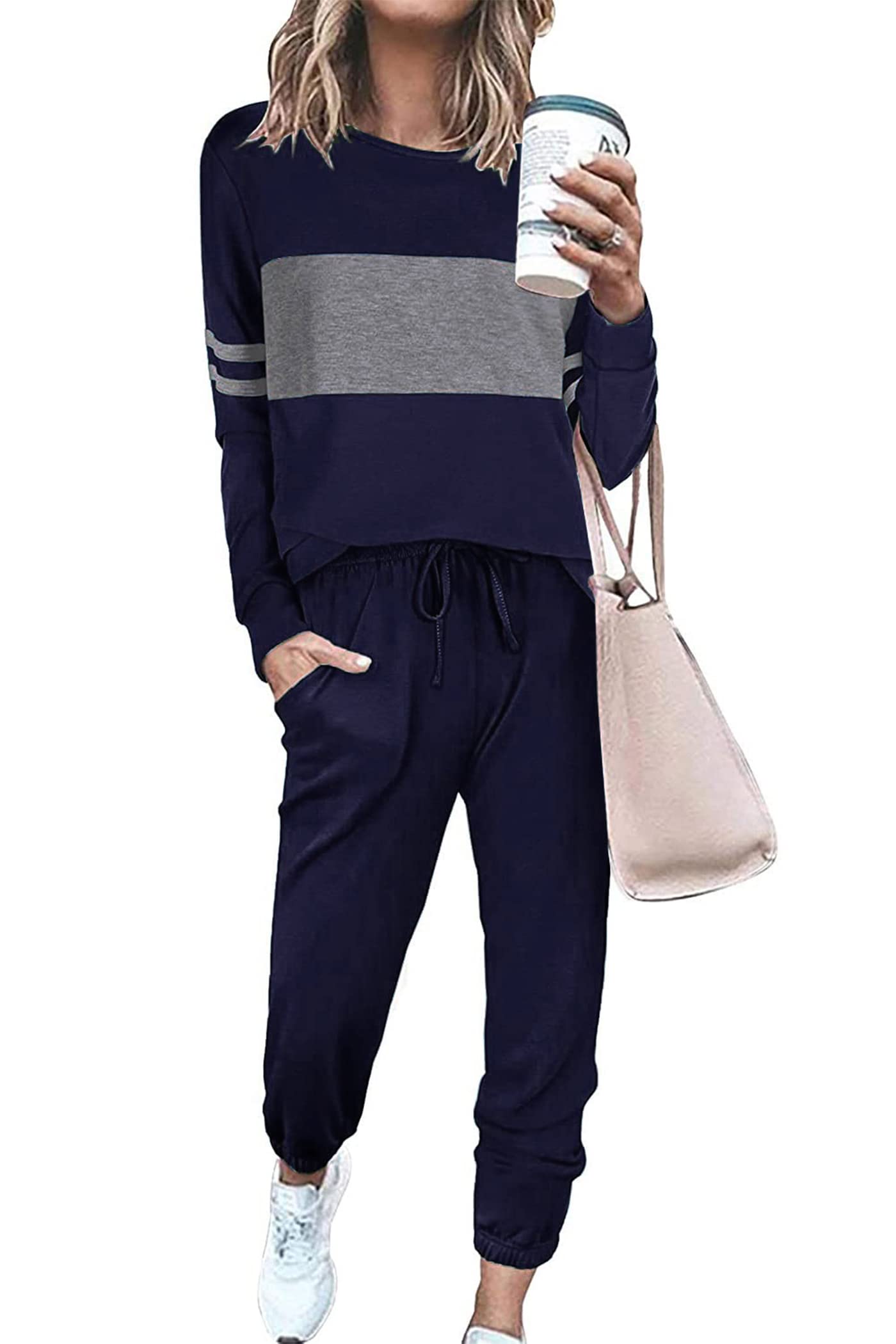 Women Color Block 2 Piece Sets Tracksuit,Navy,S