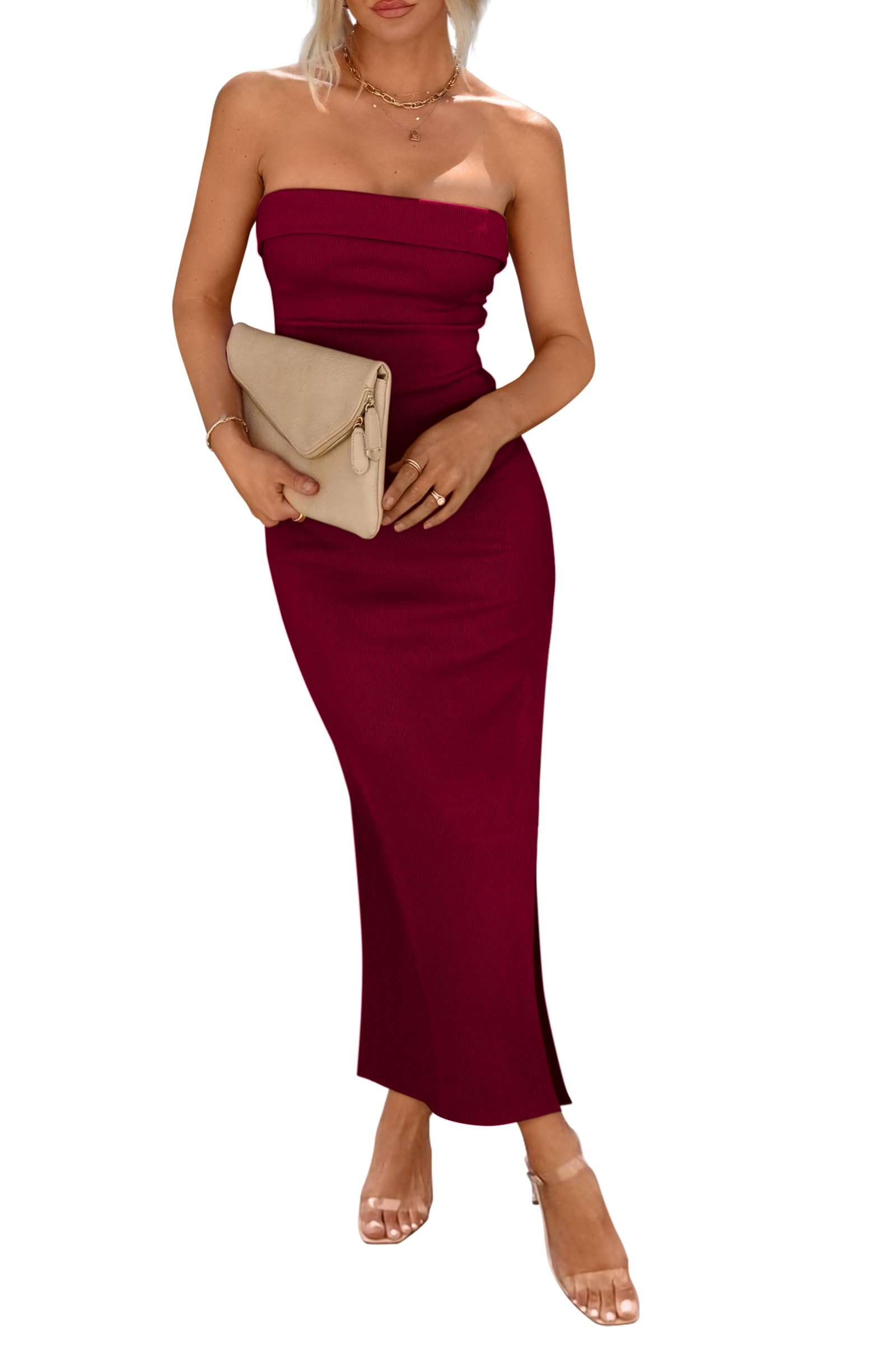 Women's Summer Strapless Cocktail Maxi Dresses Wine Red