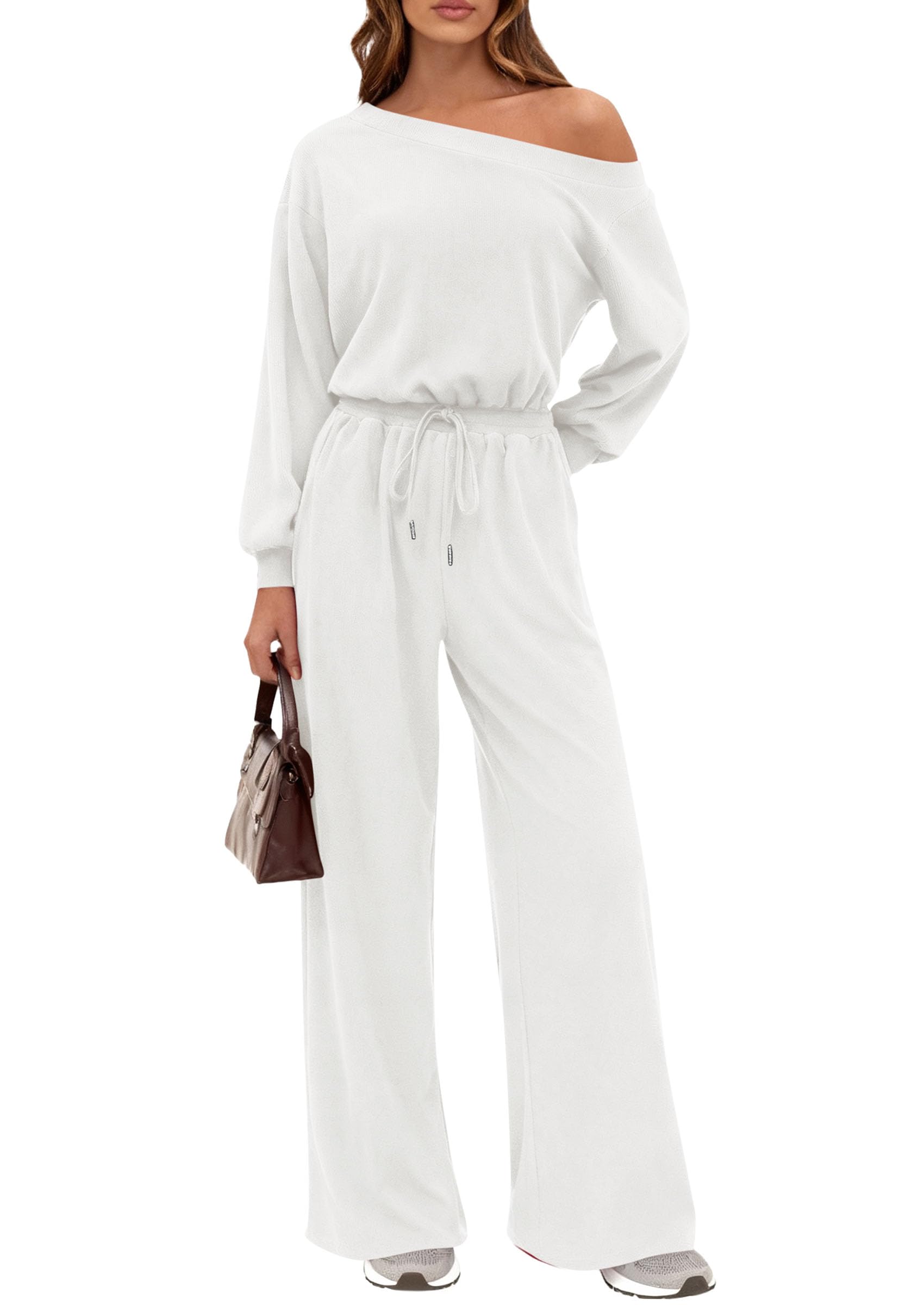 Womens Off Shoulder Long Sleeve Jumpsuit,White,M