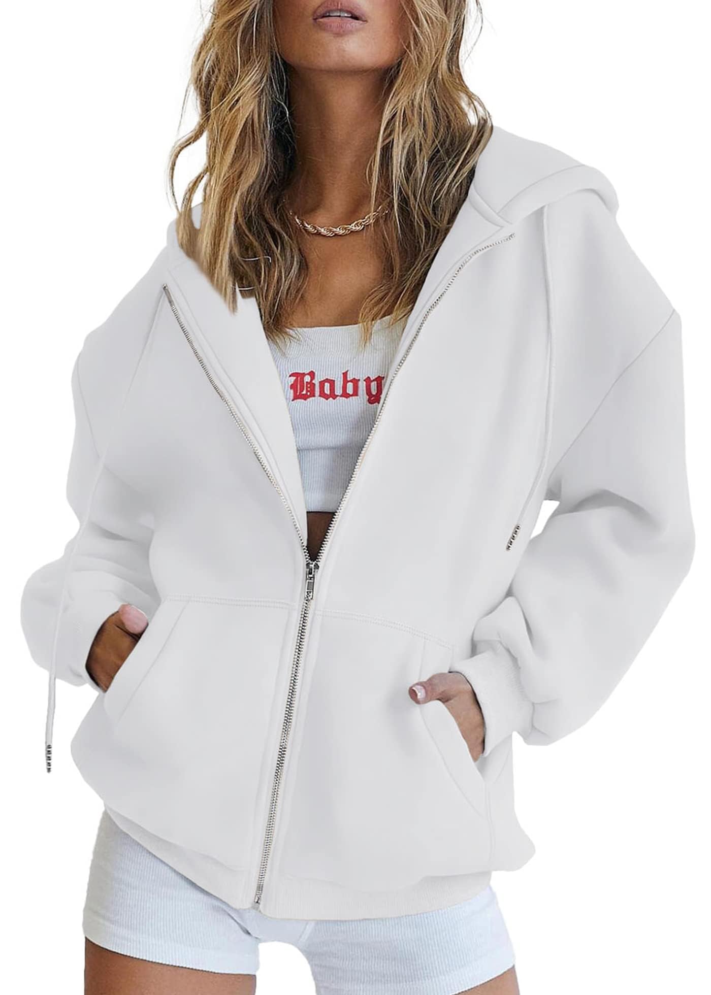 Women's Fall Zip Up Hoodies Sweatshirts White