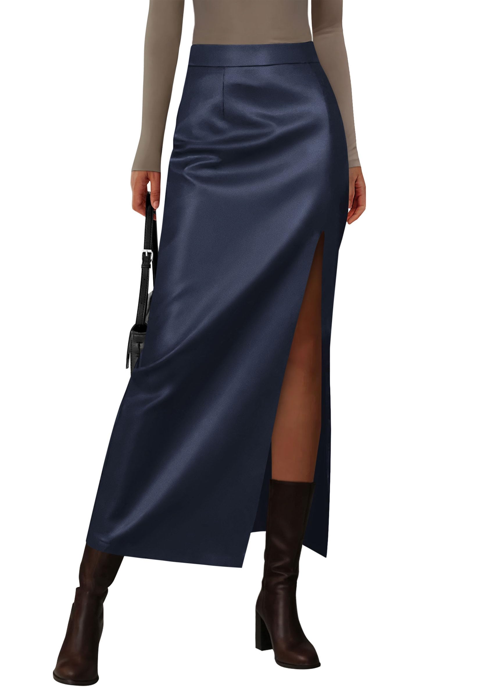 Women's Faux Leather Long Pencil Skirt,Navy Blue,XS