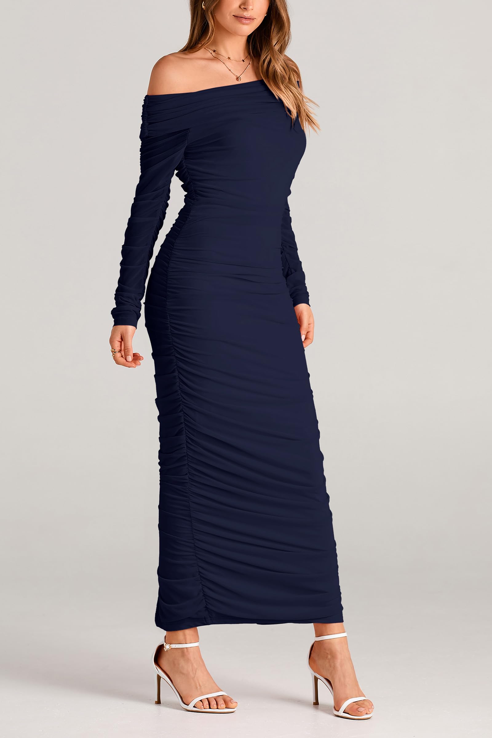 Women's Off the Shoulder Maxi Bodycon Dress, Navy,S
