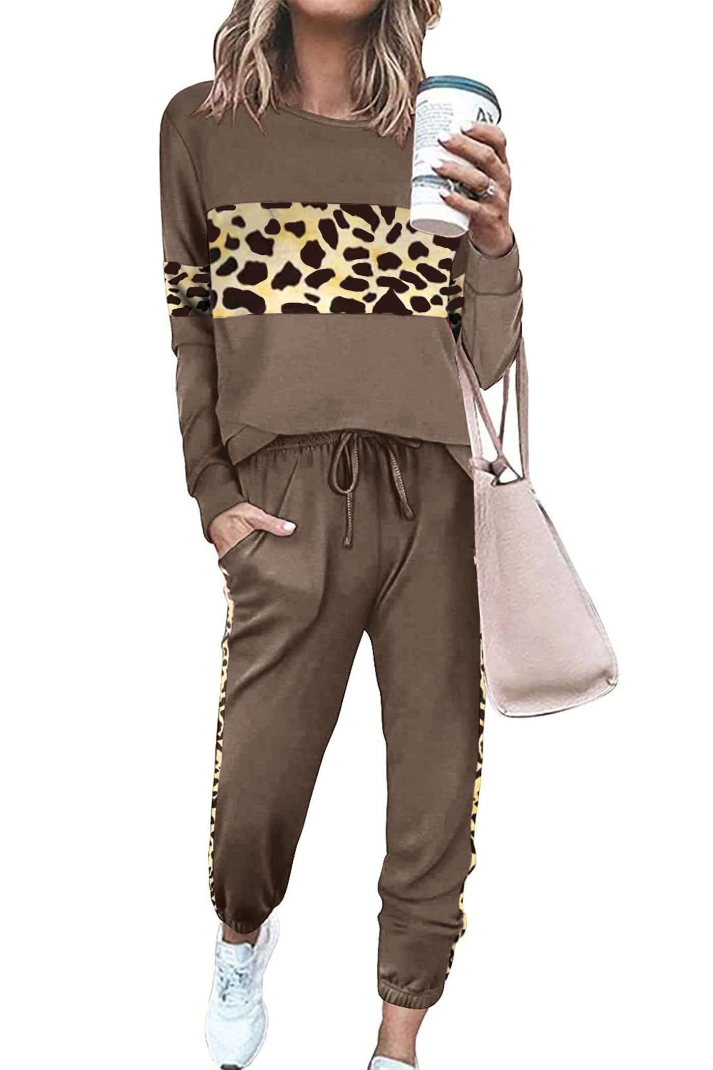 Women Color Block 2 Piece Sets Tracksuit,Leopard Dark Khaki,S
