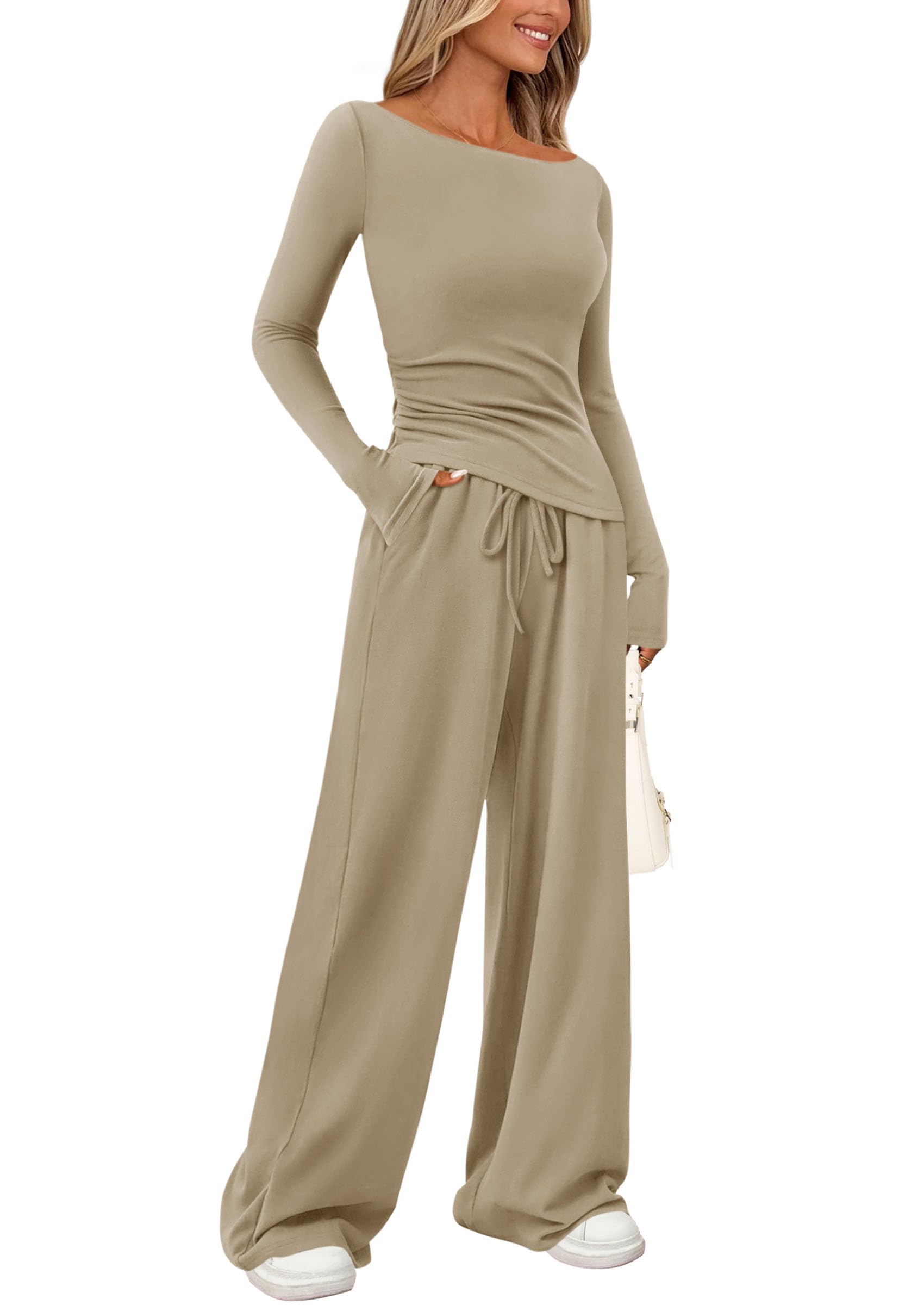 Women's 2 Piece Lounge Sets Airport Outfits(Light Khaki,XS)