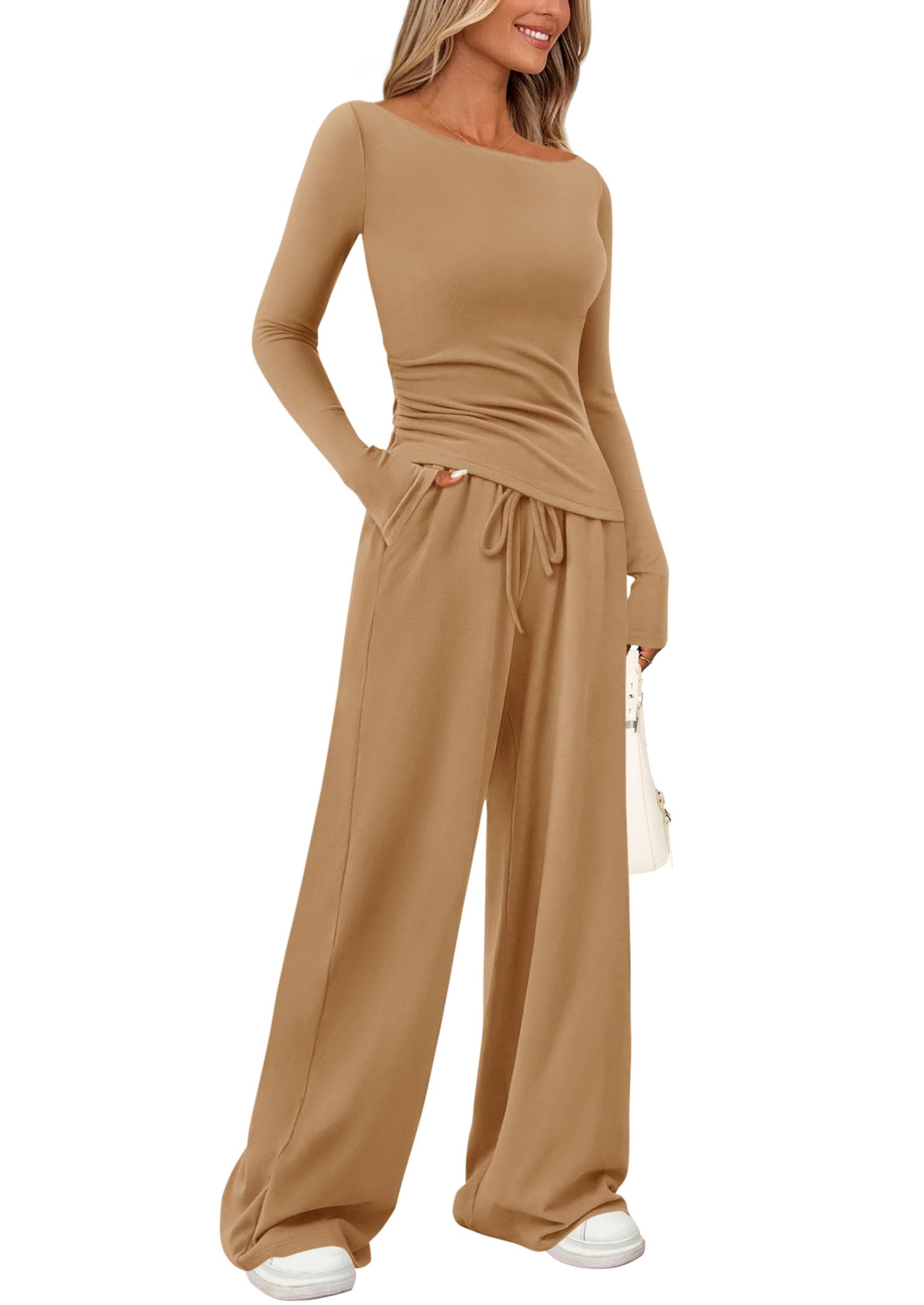 Women's 2 Piece Lounge Sets Airport Outfits(Khaki,XS)