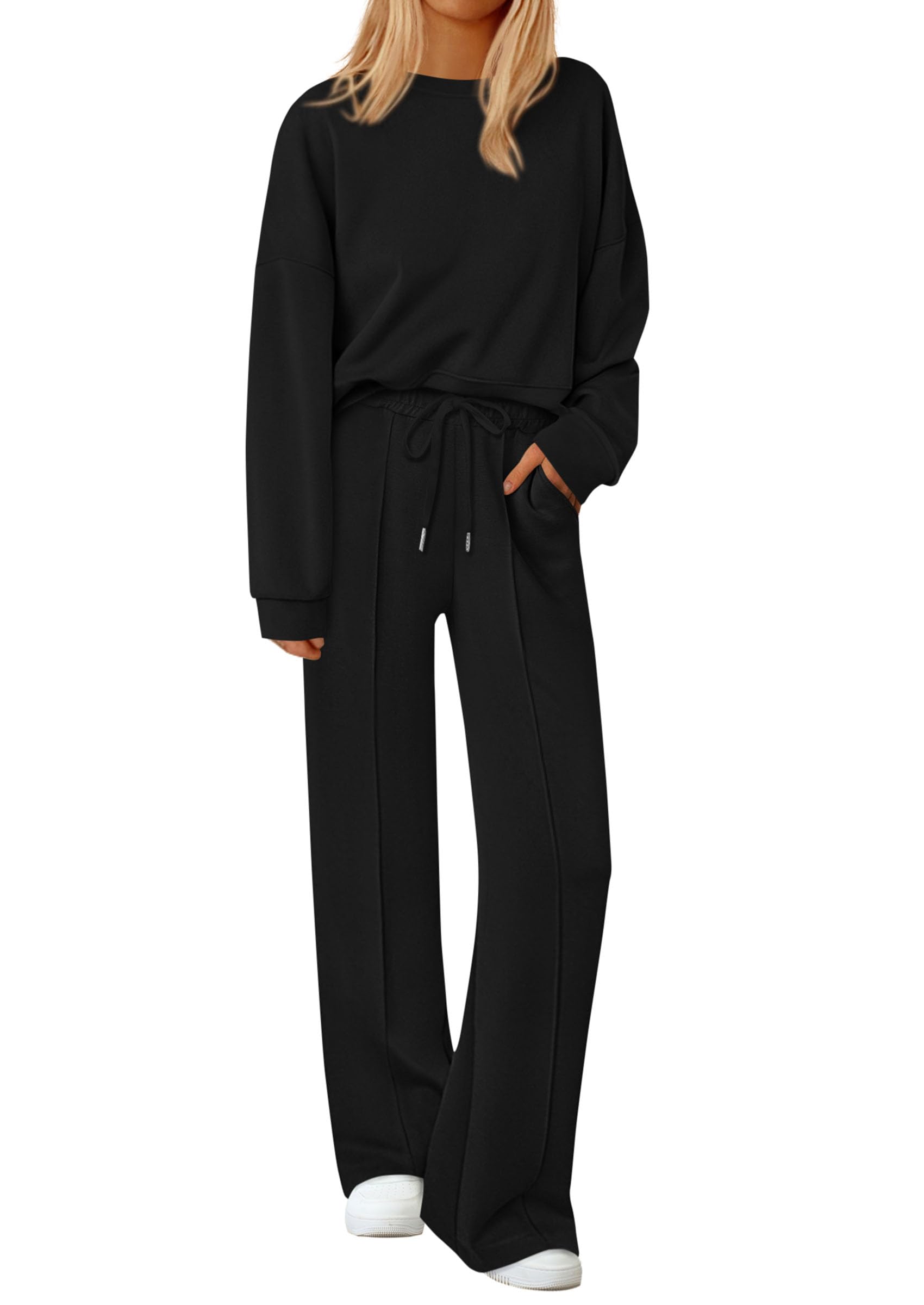Womens Long Sleeve Sweatshirt 2 Piece Sets,Black,S