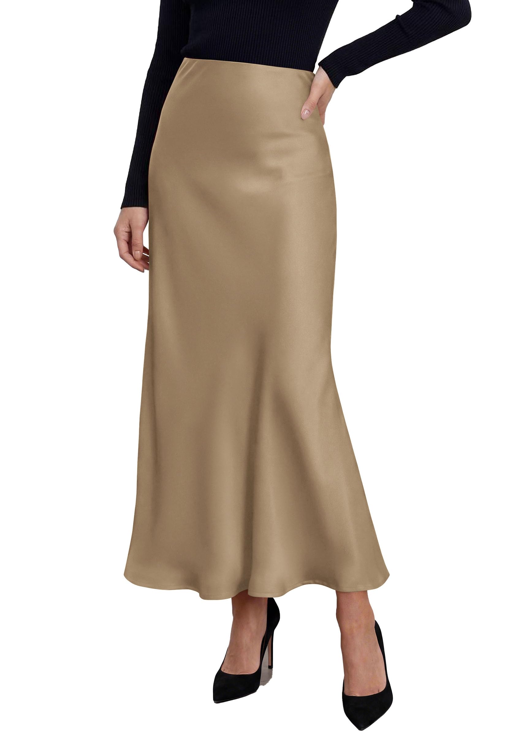 Women's Silk Satin Maxi Skirts Fall Clothes (Khaki,S)