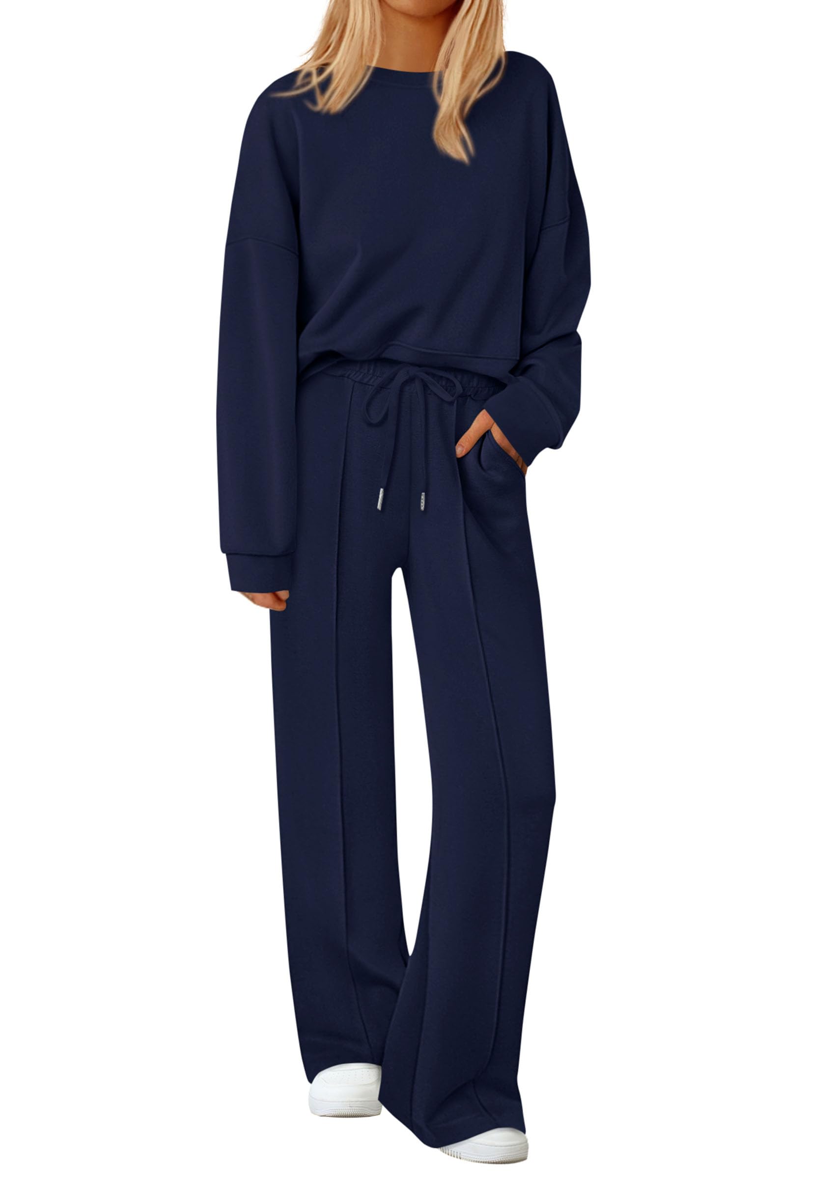 Womens Long Sleeve Sweatshirt 2 Piece Sets,Navy,S