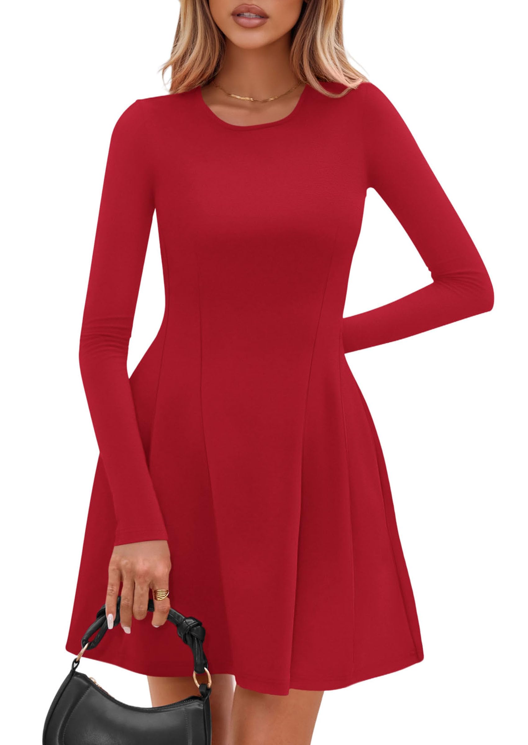 Womens Long Sleeve Pleated Mini Dress,Red,M