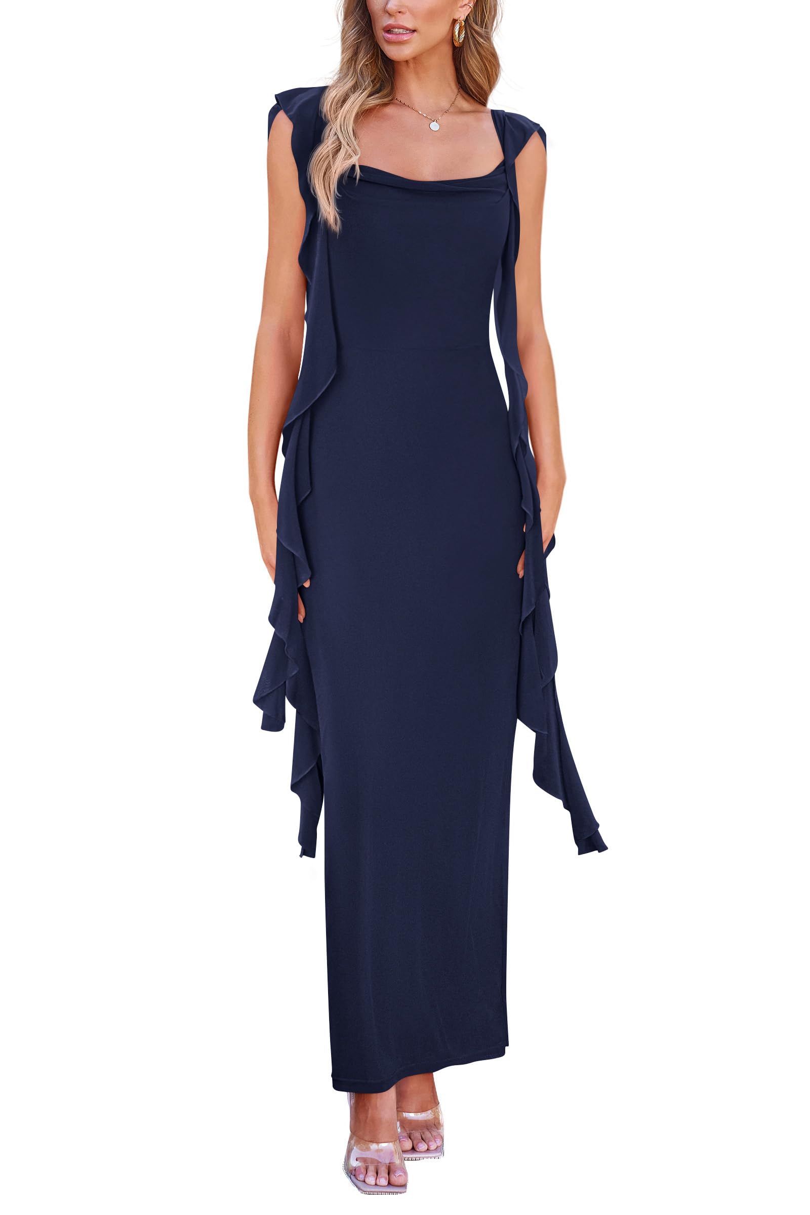Summer Dresses for Women Ruffle Bodycon Maxi Dress,Navy,S
