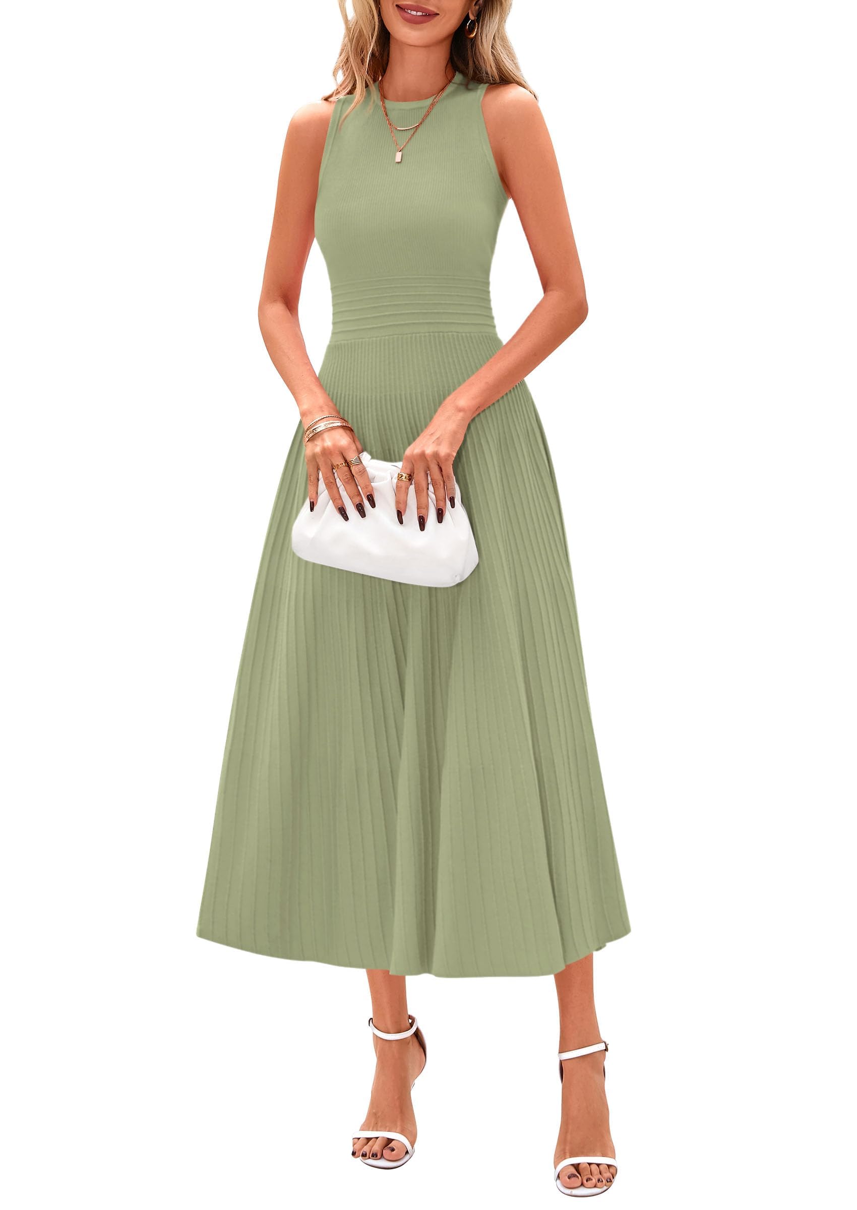 Women's Summer Pleated Midi Work Dress,Mist Green,S