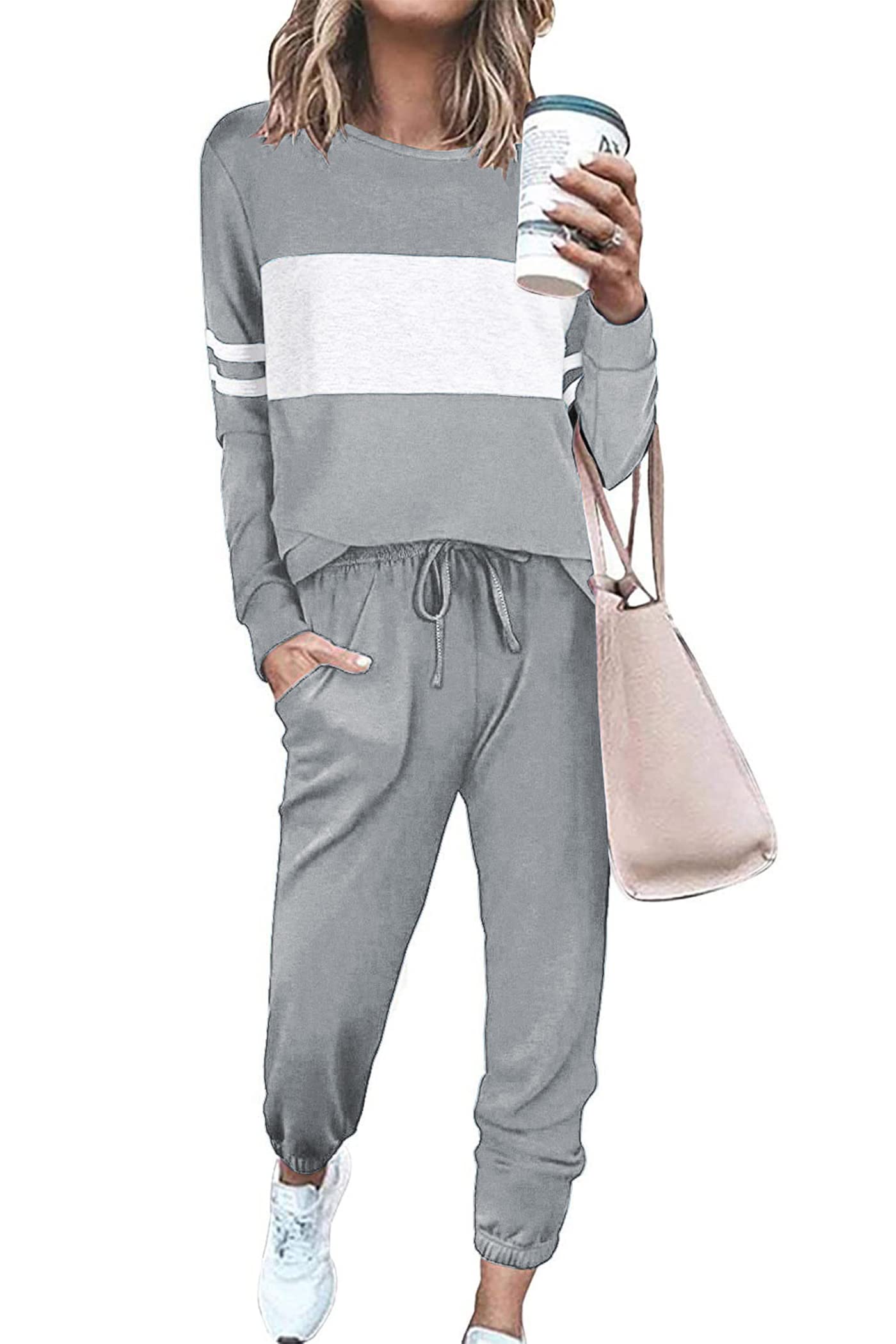 Women Color Block 2 Piece Sets Tracksuit,Light Grey,S