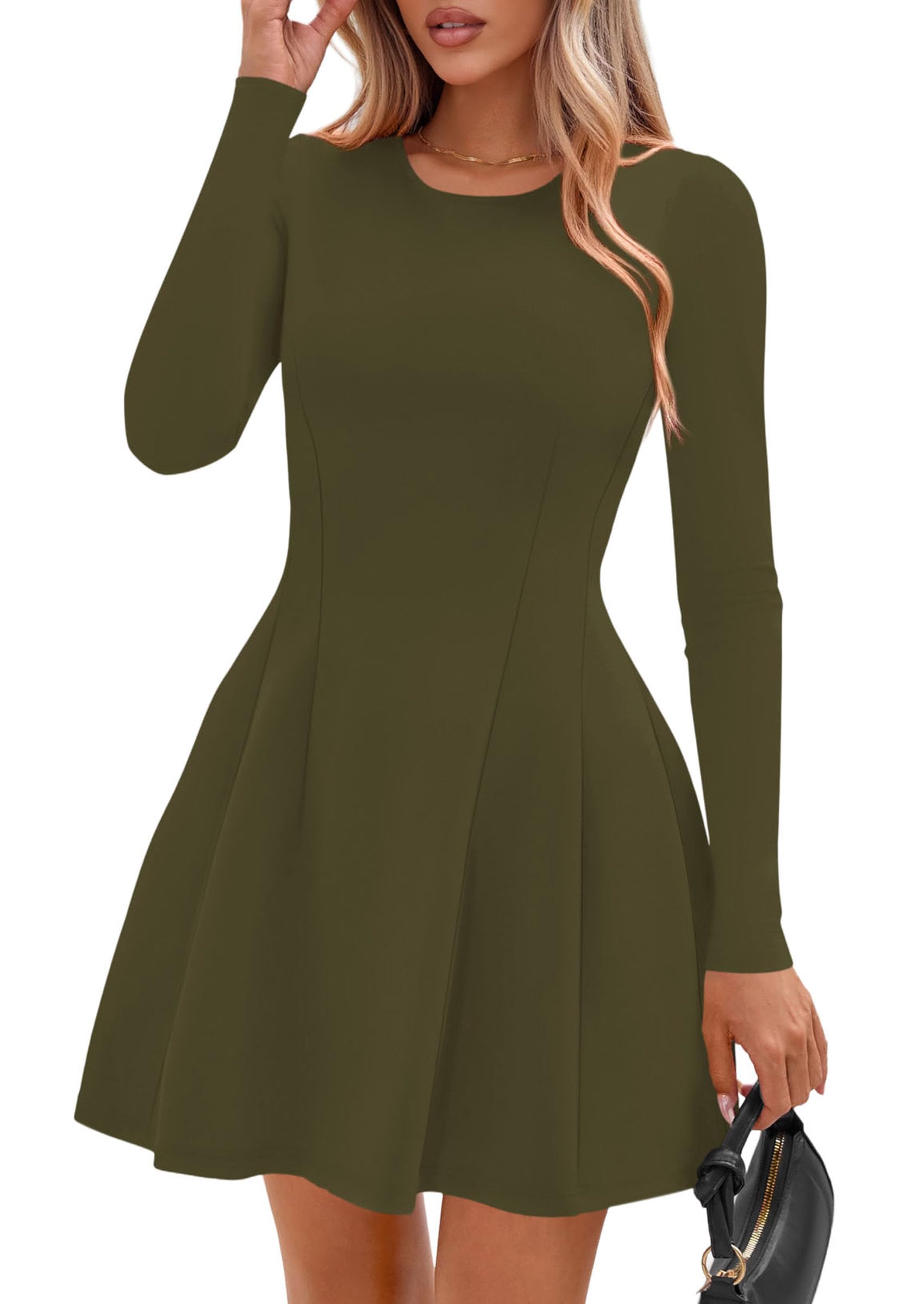 Womens Long Sleeve Pleated Mini Dress,Army Green,XS