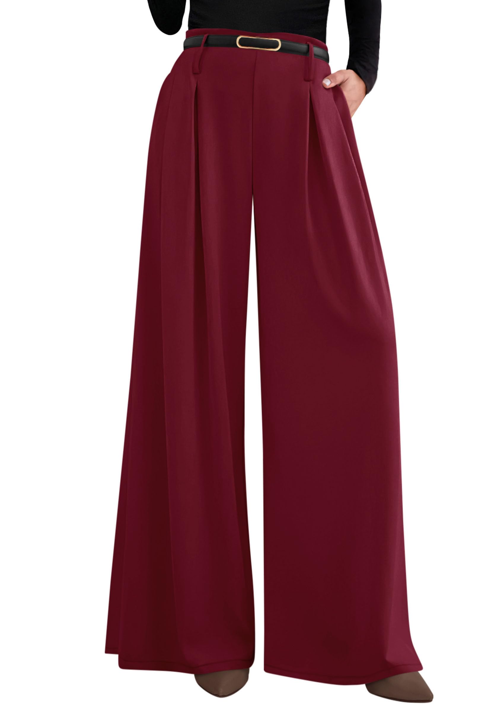 Womens Wide Leg Dress Pants Flowy Trousers,Wine Red,S