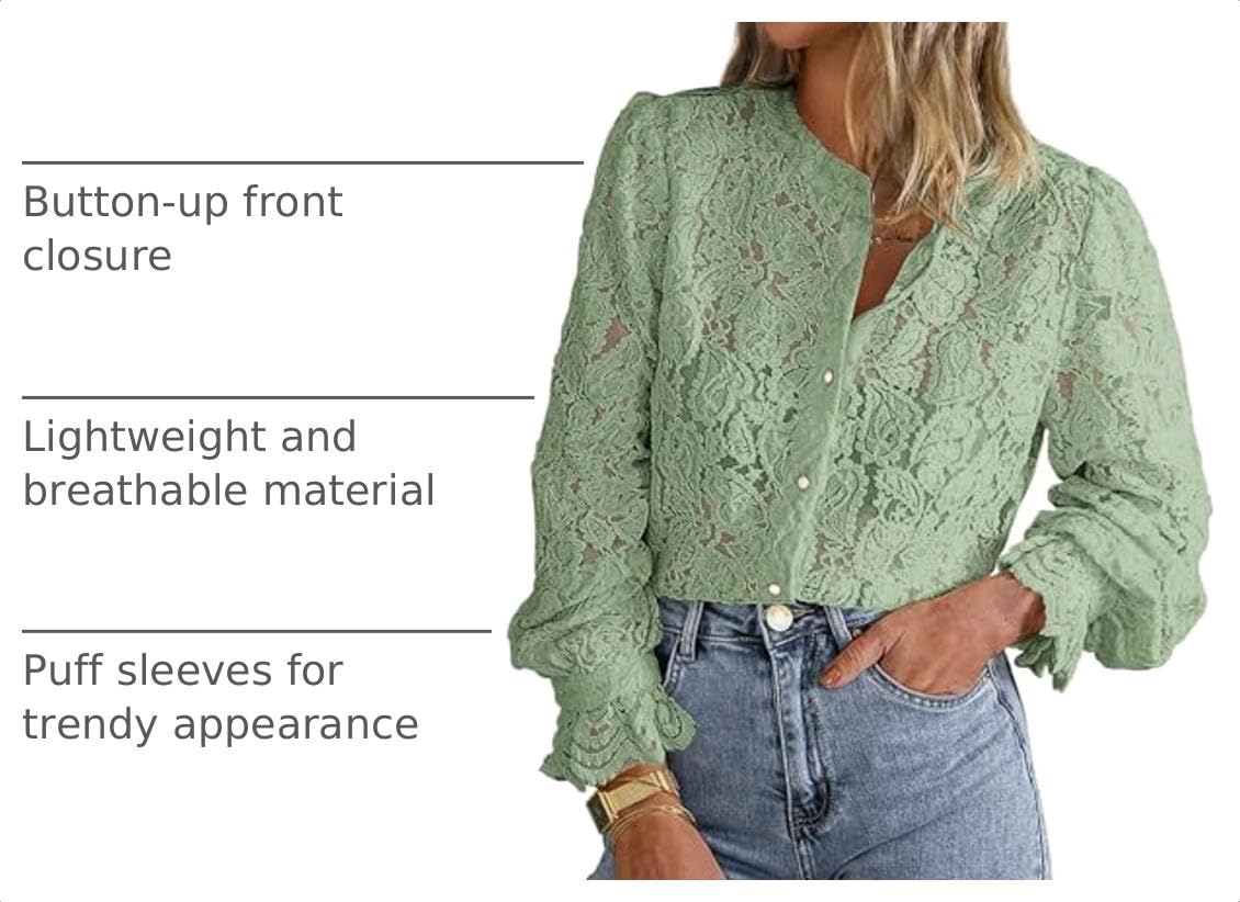 Women's Fall Trendy Long Sleeve Lace Tops(Dusty Green,Small)