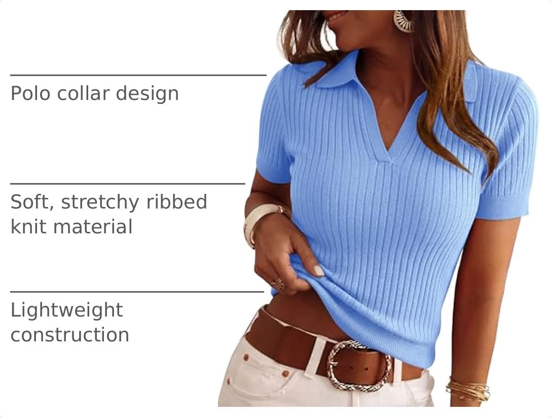 Women's Short Sleeve Sweater Polo Shirts,Light Blue,XS