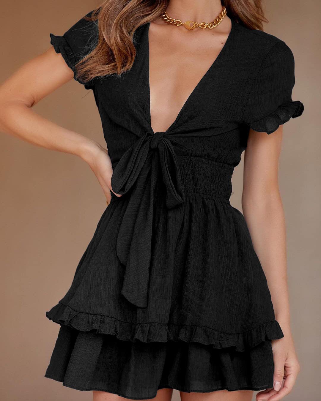 Women's Boho Floral Mini Tiered Bow Dress, Black,S