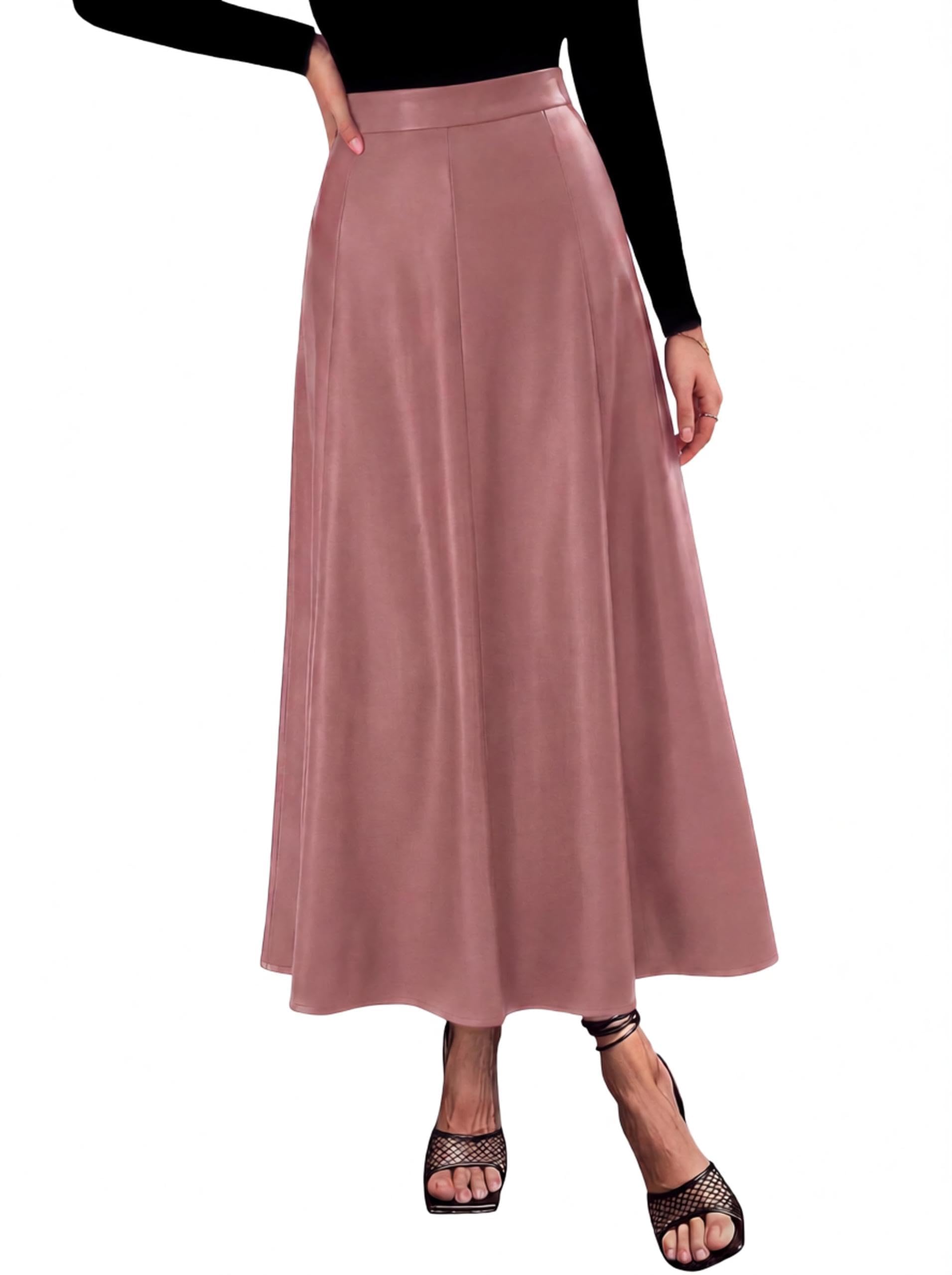 Womens Faux Leather High Waisted Midi Skirt,Dusty Pink,M