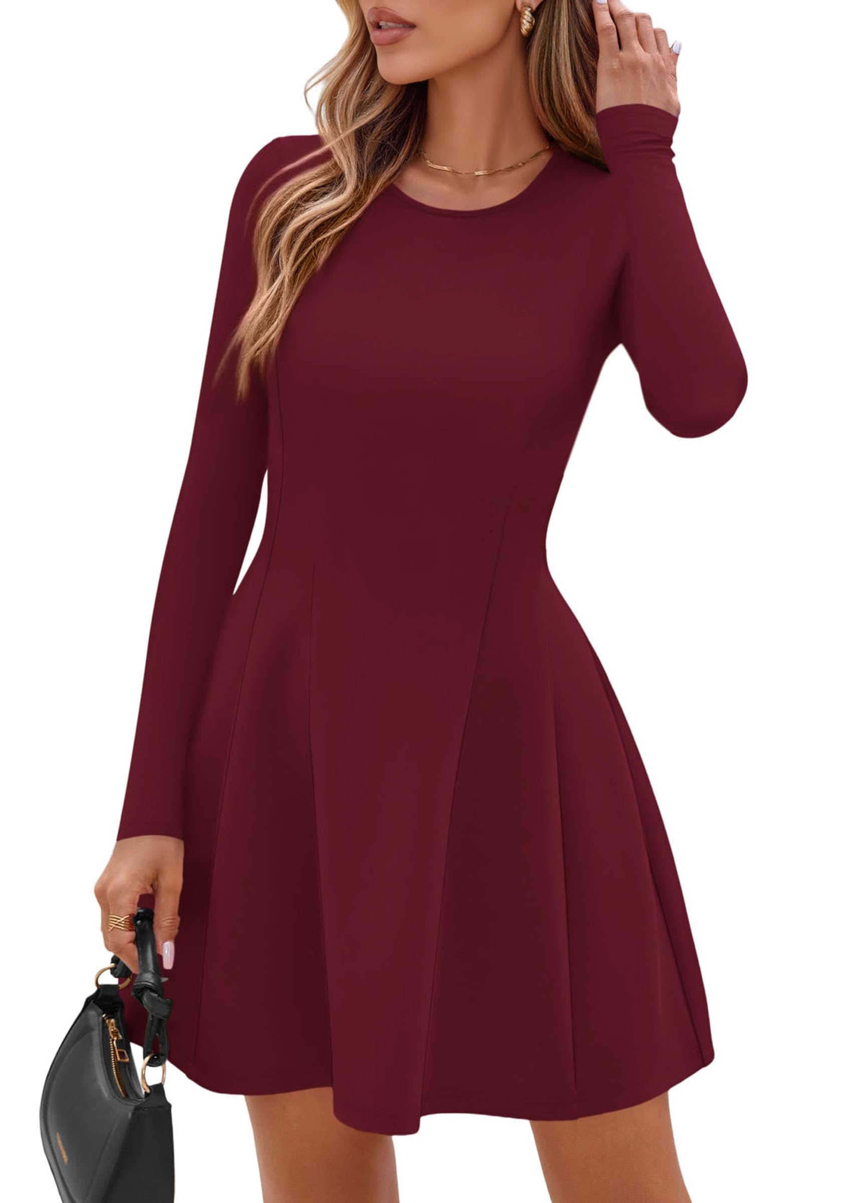 Womens Long Sleeve Pleated Mini Dress,Wine Red,XS