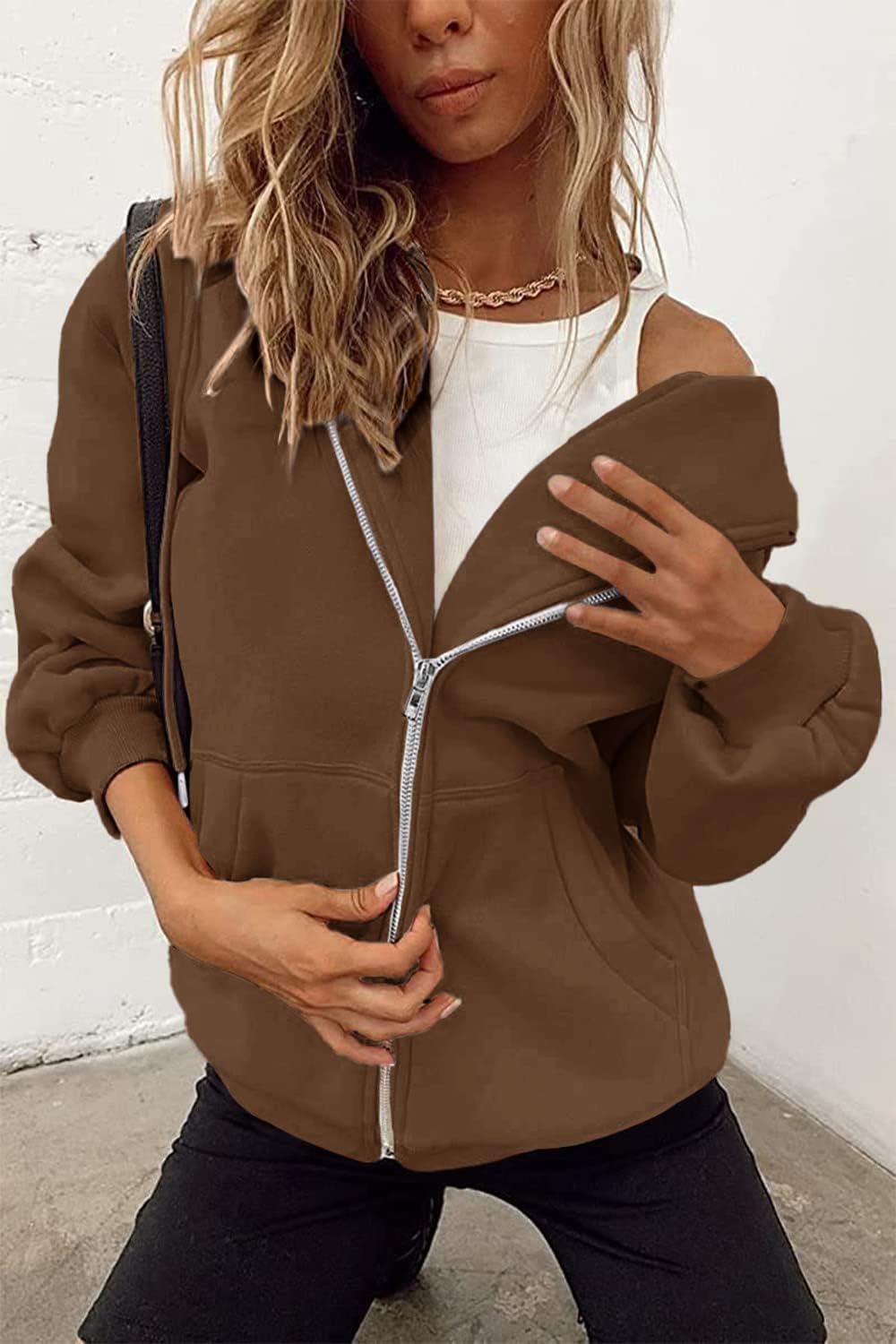 Women's Fall Zip Up Hoodies Sweatshirts Brown