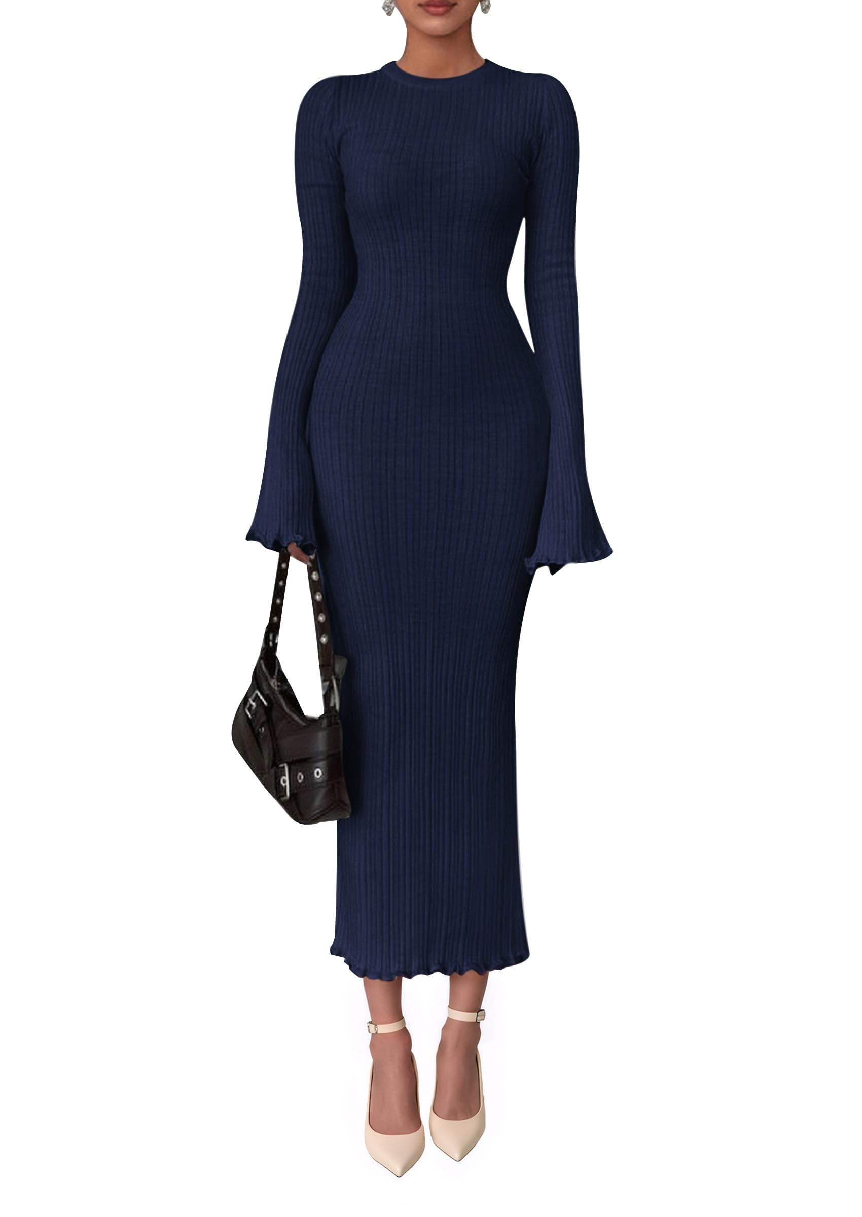 Women's Sweater Dress Long Sleeve Maxi Dresses,Navy Blue,S