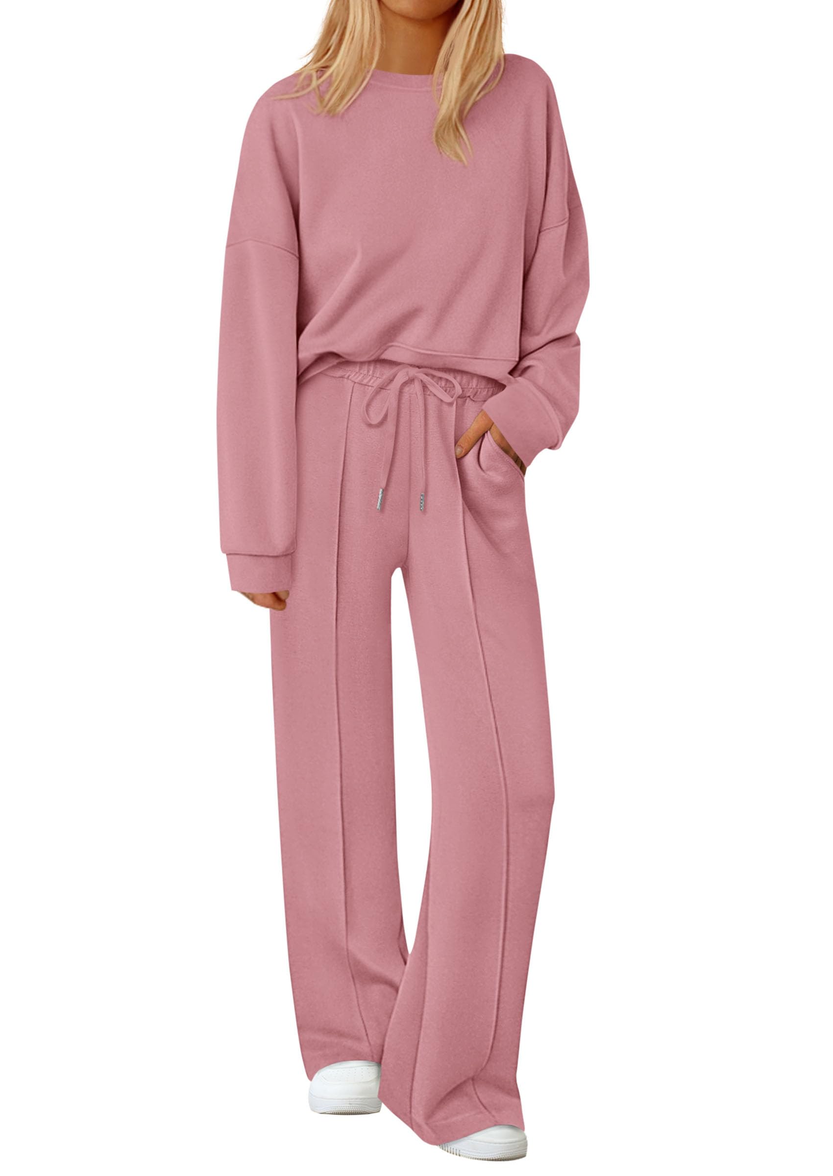 Womens Long Sleeve Sweatshirt 2 Piece Sets,Pink,S