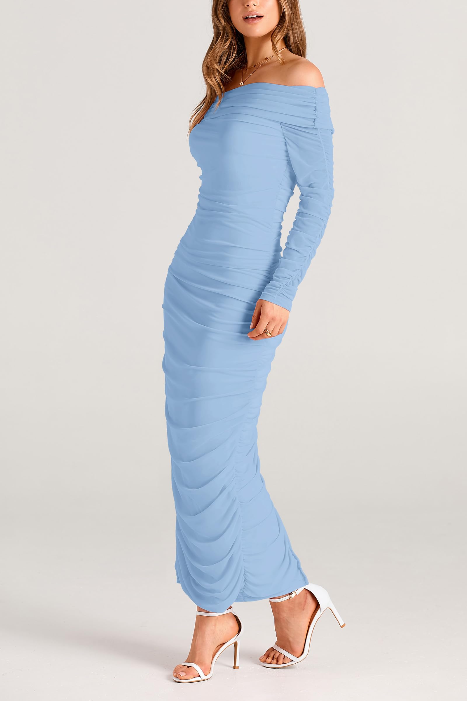 Women's Off the Shoulder Maxi Bodycon Dress, Light Blue,M