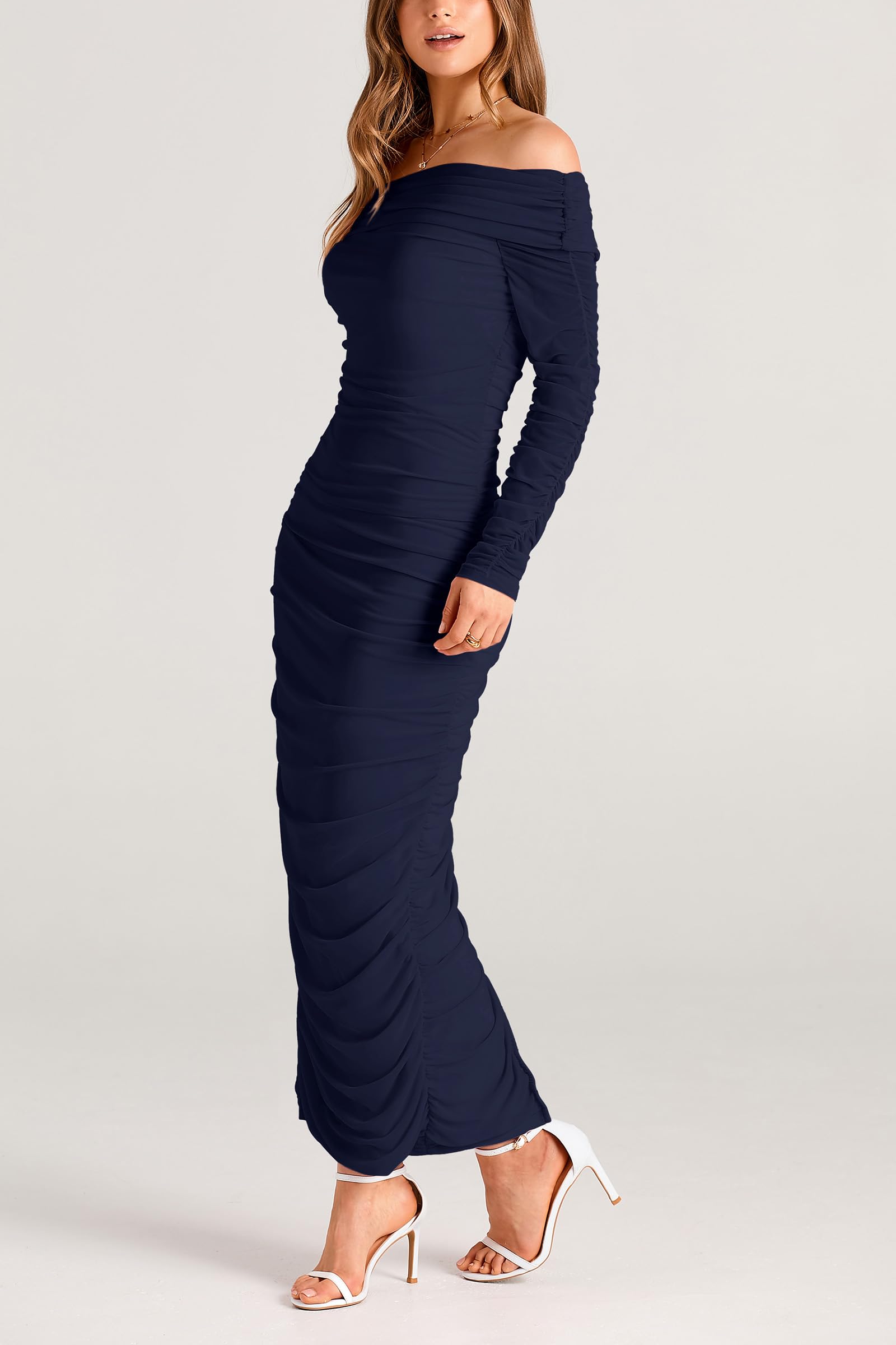 Women's Off the Shoulder Maxi Bodycon Dress, Navy,S