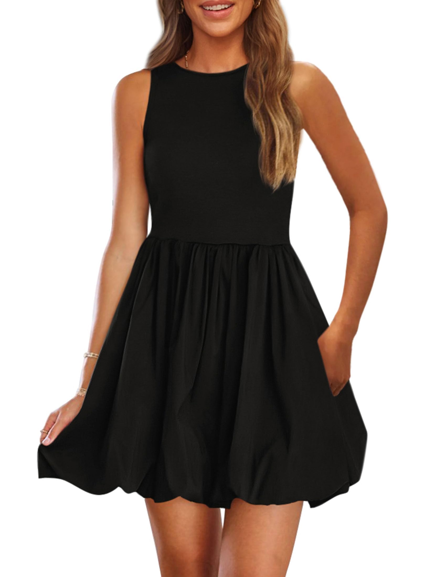 Womens Summer Bubble Sleeveless Mini Dress,Black,S