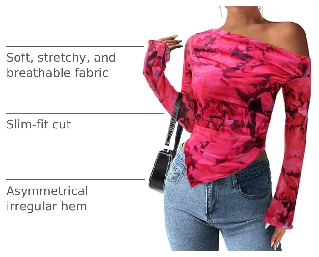 Womens Off Shoulder Mesh Y2k Tops,Floral Rose Red,XS
