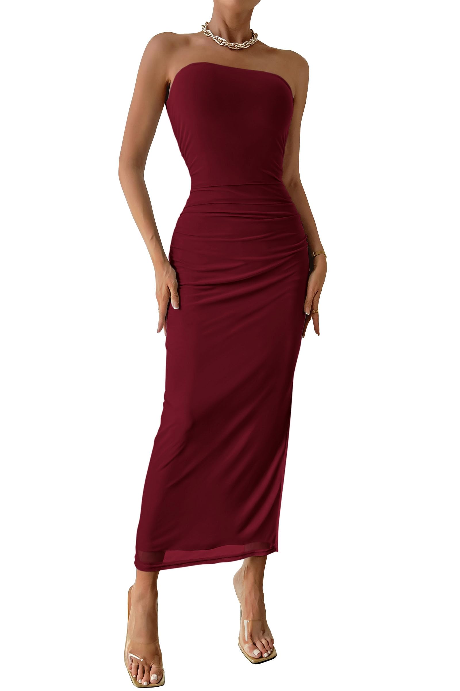 Women's Strapless Bodycon Maxi Tube Dress, Solid Wine Red,S