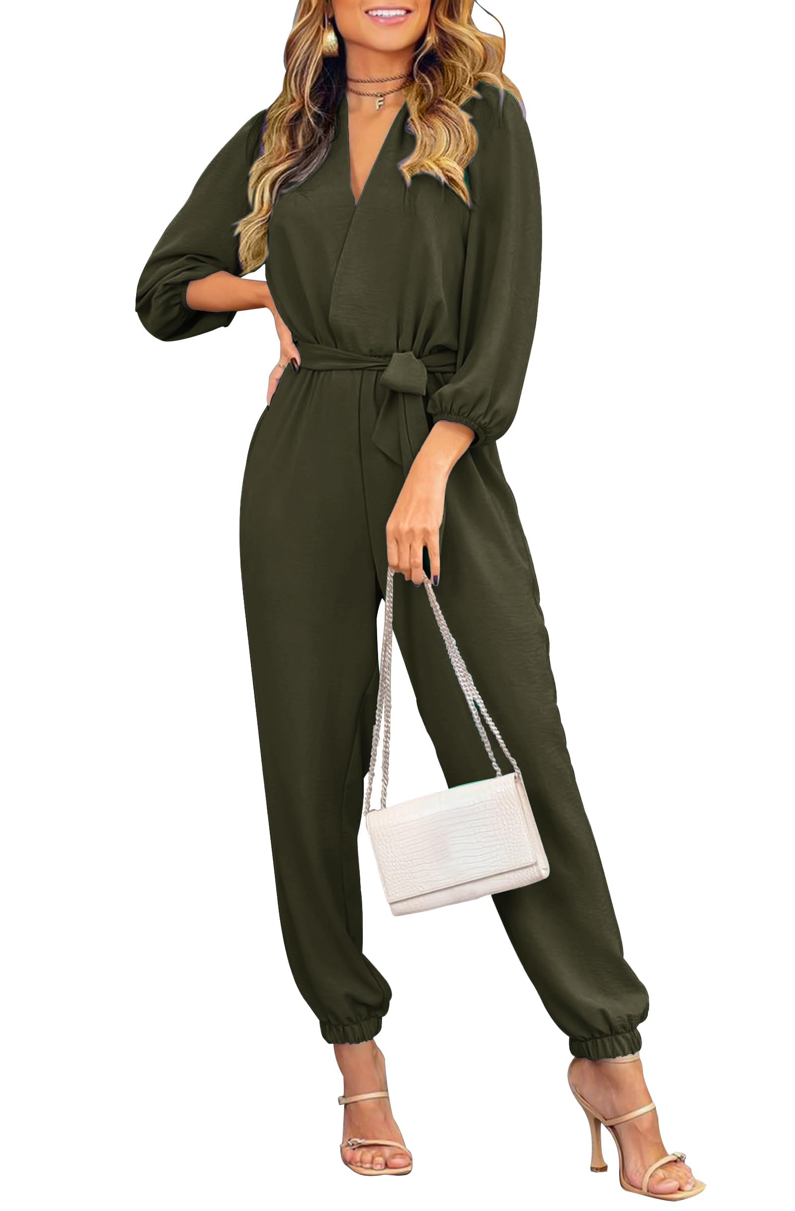 Long Sleeve Jumpsuits for Women Dressy Casual, Army Green,S