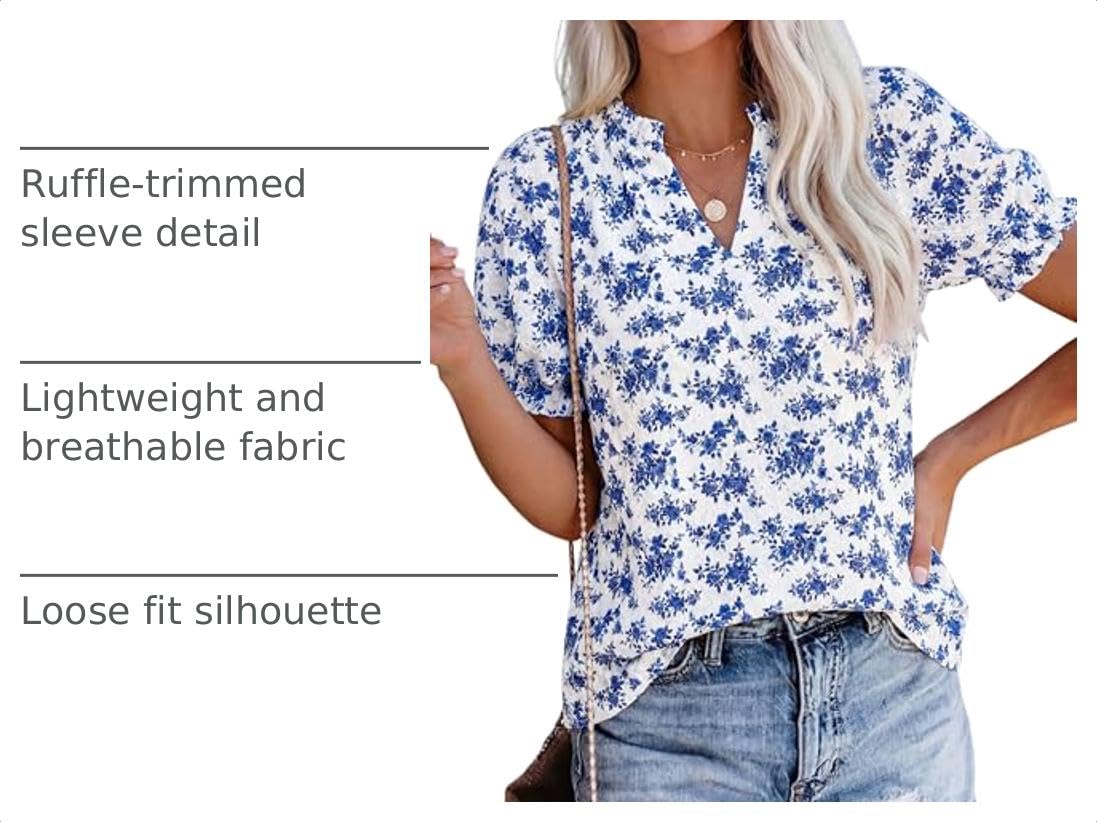 Womens Floral Short Sleeve Blouses,White Blue Flower,S