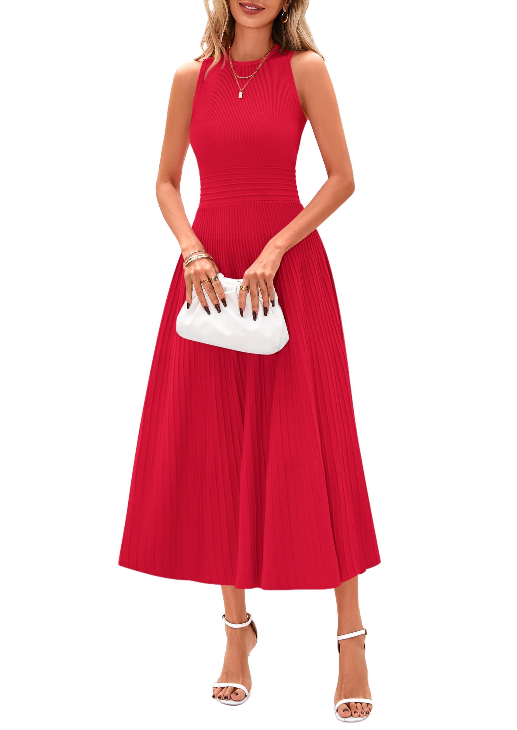 Women's Summer Pleated Midi Work Dress,Red,S