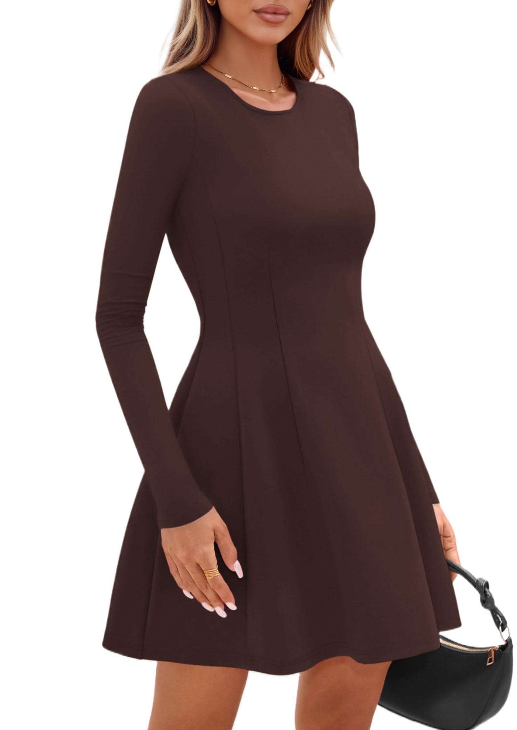 Womens Long Sleeve Pleated Mini Dress,Brown,XS