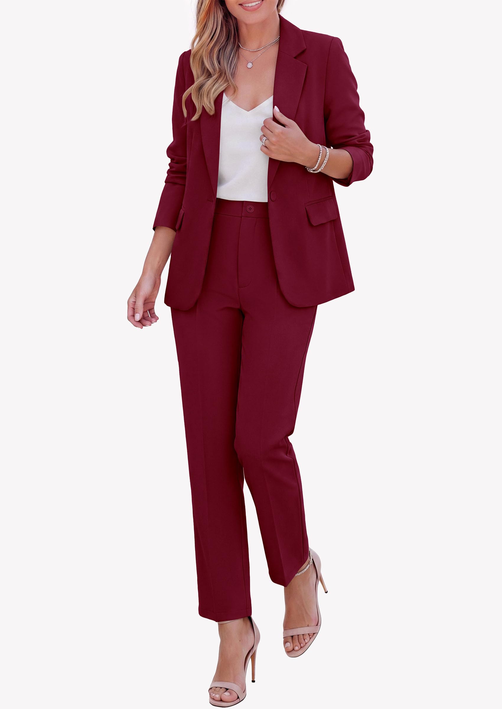 Two Piece Sets for Women Dressy Pant Suits,Wine Red,S