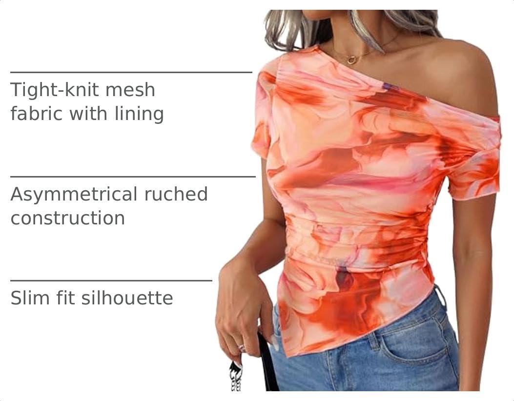 Mesh Off The Shoulder Tops for Women,Watercolour Orange,XS