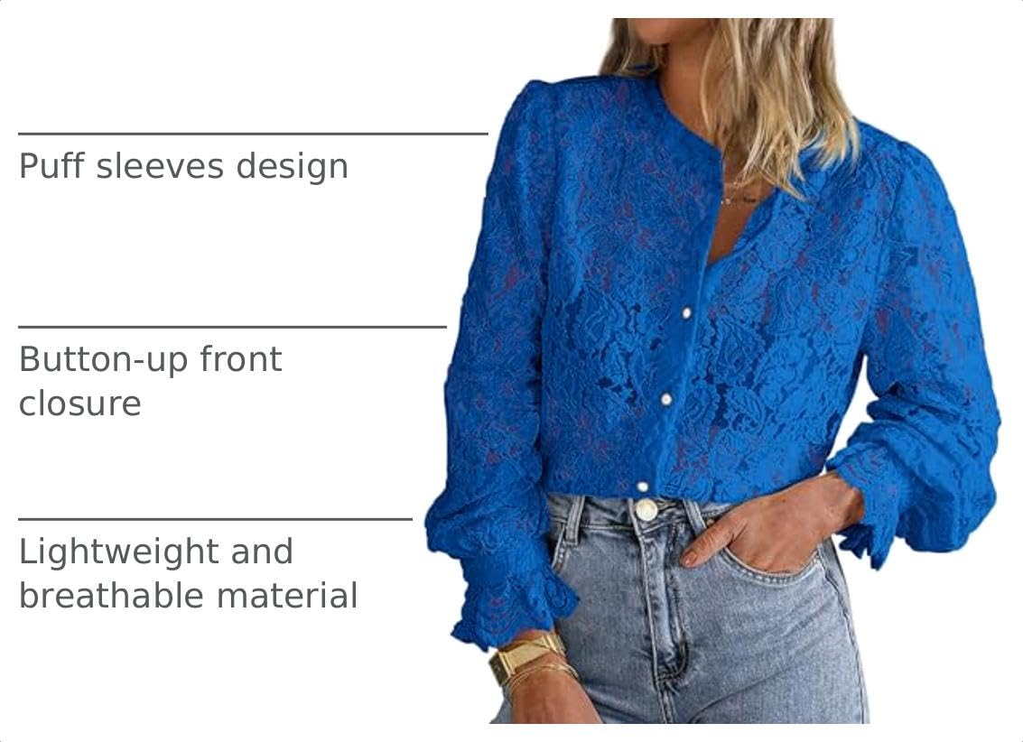 Women's Fall Trendy Long Sleeve Lace Tops(Blue,Small)