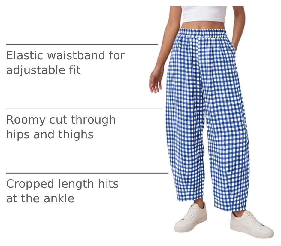 Plaid Barrel Pants Women Summer Bottoms, Blue Plaid,S